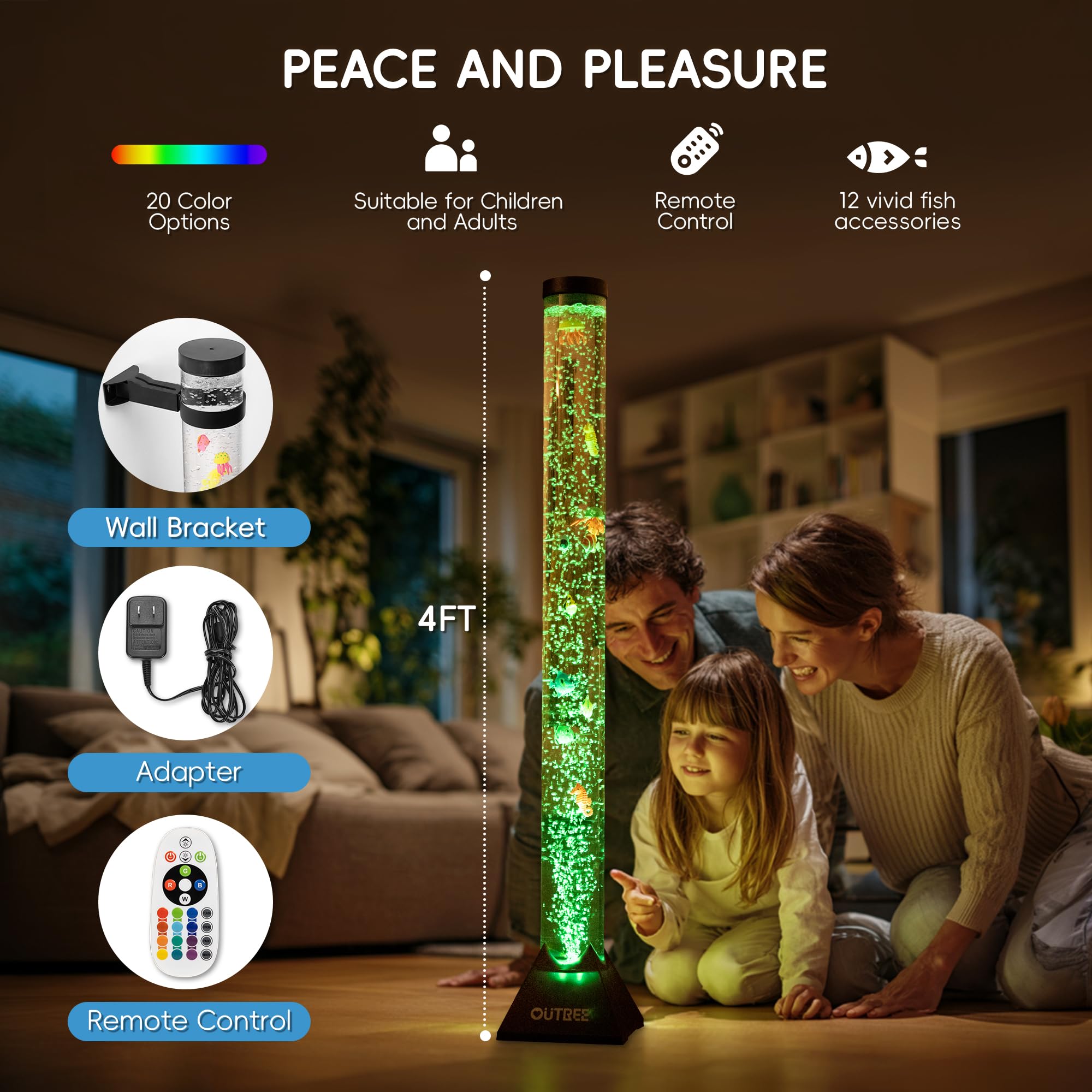 OUTREE Sensory Bubble Tube Lamp, Remote Control, 20 Color Effects, 47.84in, Multicolor, Model TC01AE00-1-HN50F