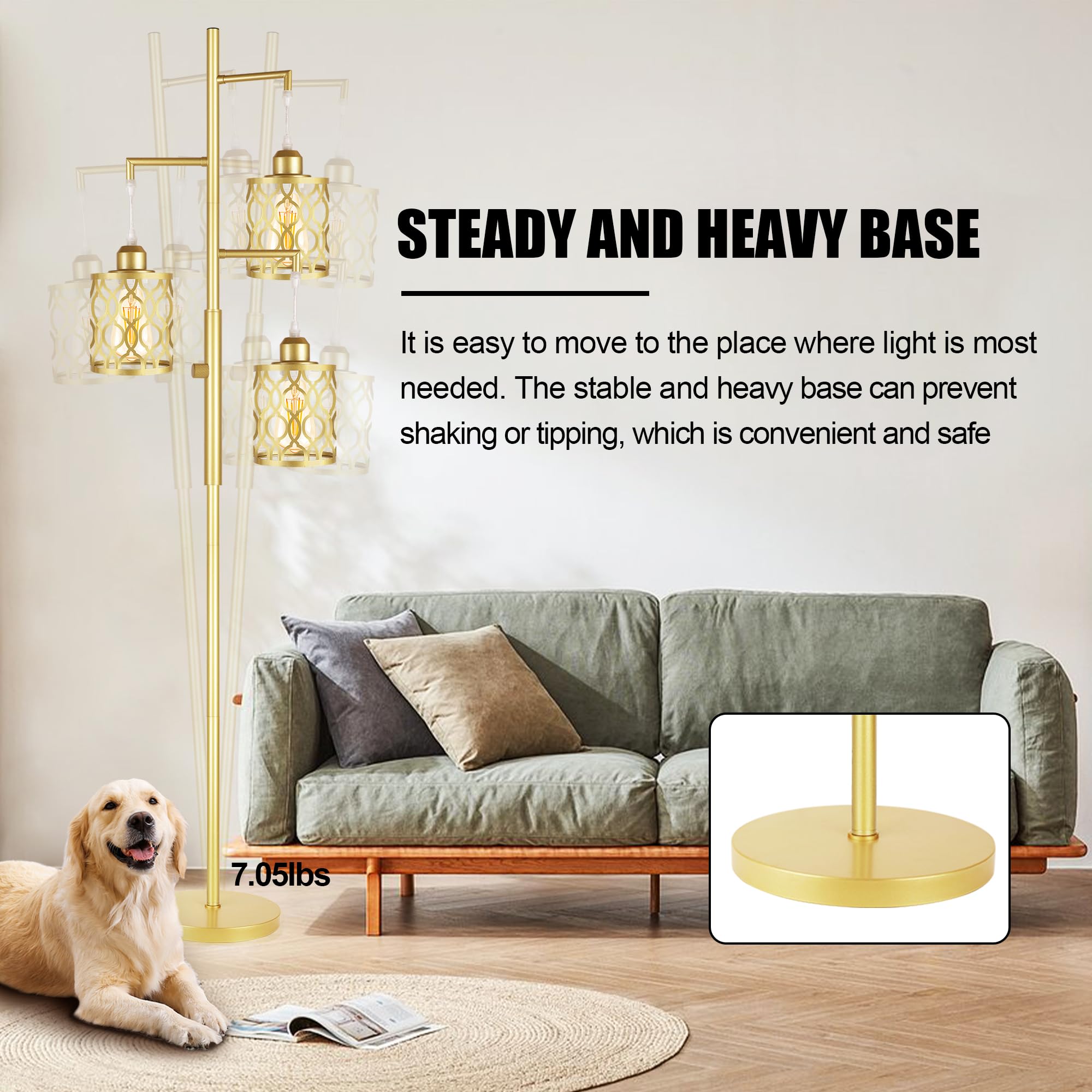 ROTTOGOON 68" Dimmable Gold Floor Lamp, 3-Light Rustic Design with Metal Shade, Includes 3x 6W E26 Bulbs, Model RODLLDD243
