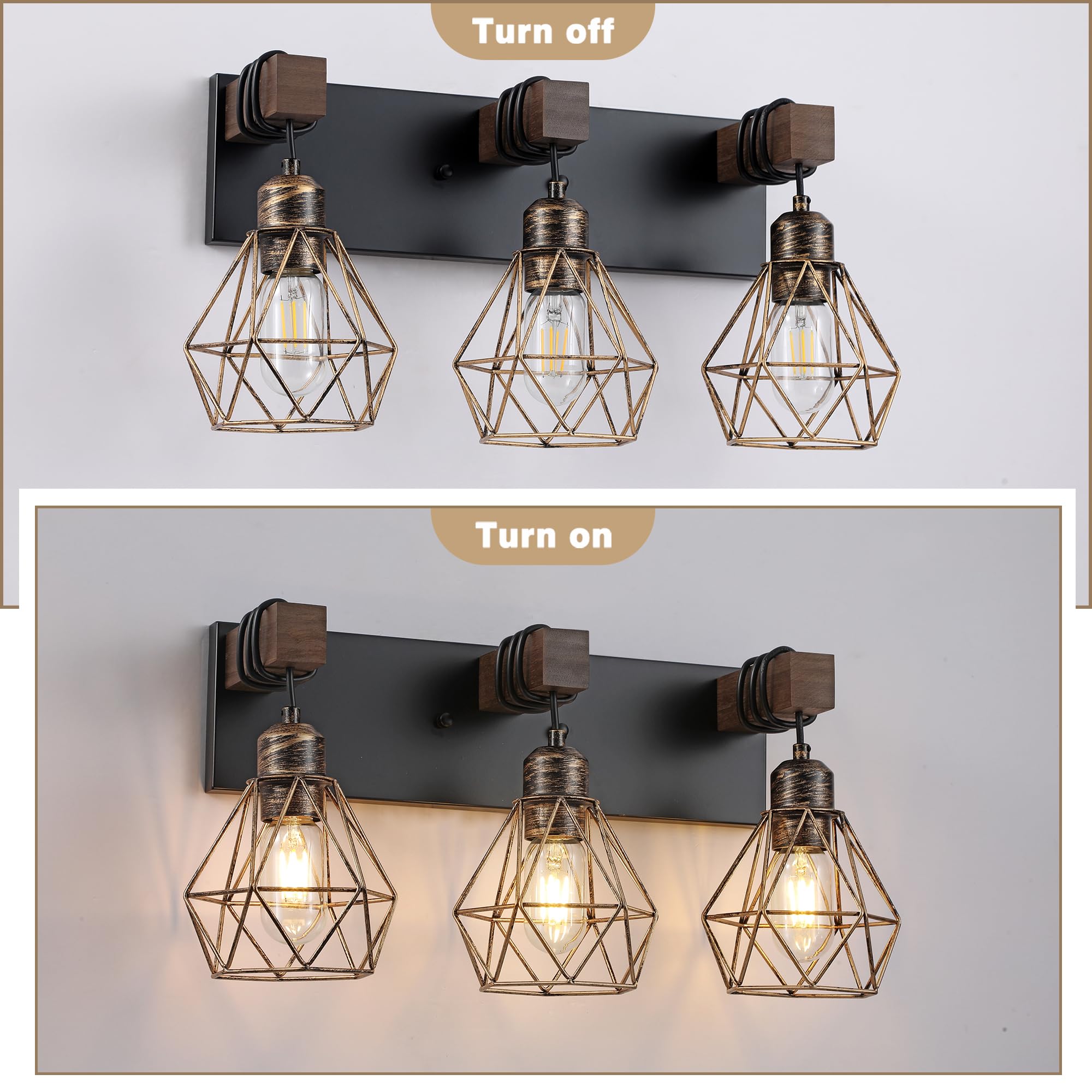 maesta Farmhouse Bathroom Vanity Light Fixture, 3-Light Metal Sconces, Black Gold, Model MA022-3