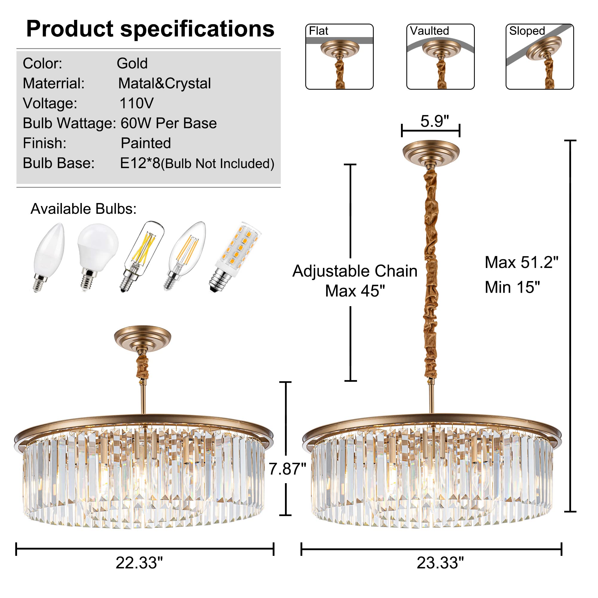 Faibra 23" Gold Crystal Chandelier 8-Light Modern Crystal Pendant Ceiling Light 2-Rings Luxury Chandeliers,For Dining Room Kitchen Island Living Room Bedroom