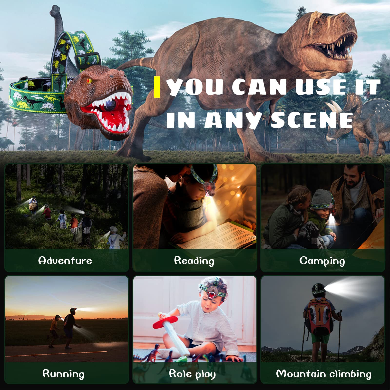 Dysaim Kids Headlamp, Dinosaur Led Rechargeable Headlamp For Kids Flashlight Outdoor Camping Essentials Gear, Dinosaur Toys Head