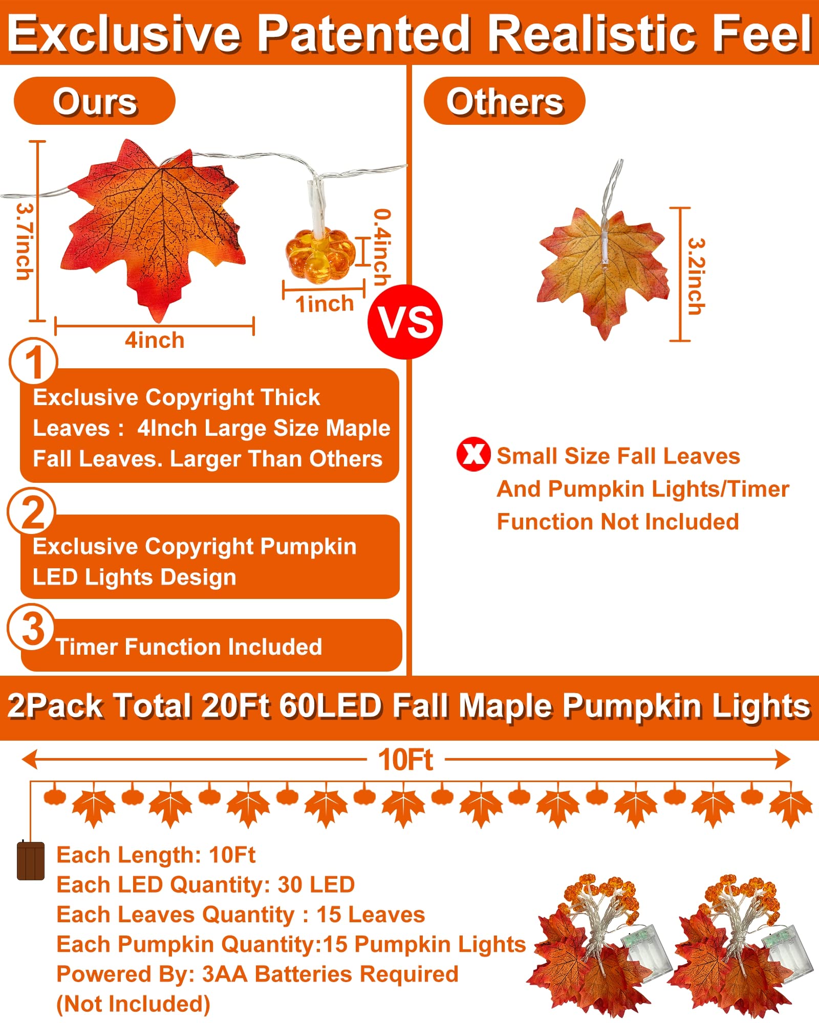 [2 Pack + Timer] Thanksgiving Decor Fall Pumpkin Garland Lights Realistic Thanksgiving Garland Thanksgiving String Lights, Total 20Ft 60Led Fall Lights Battery Operated Indoor Home Outdoor Fall Decor