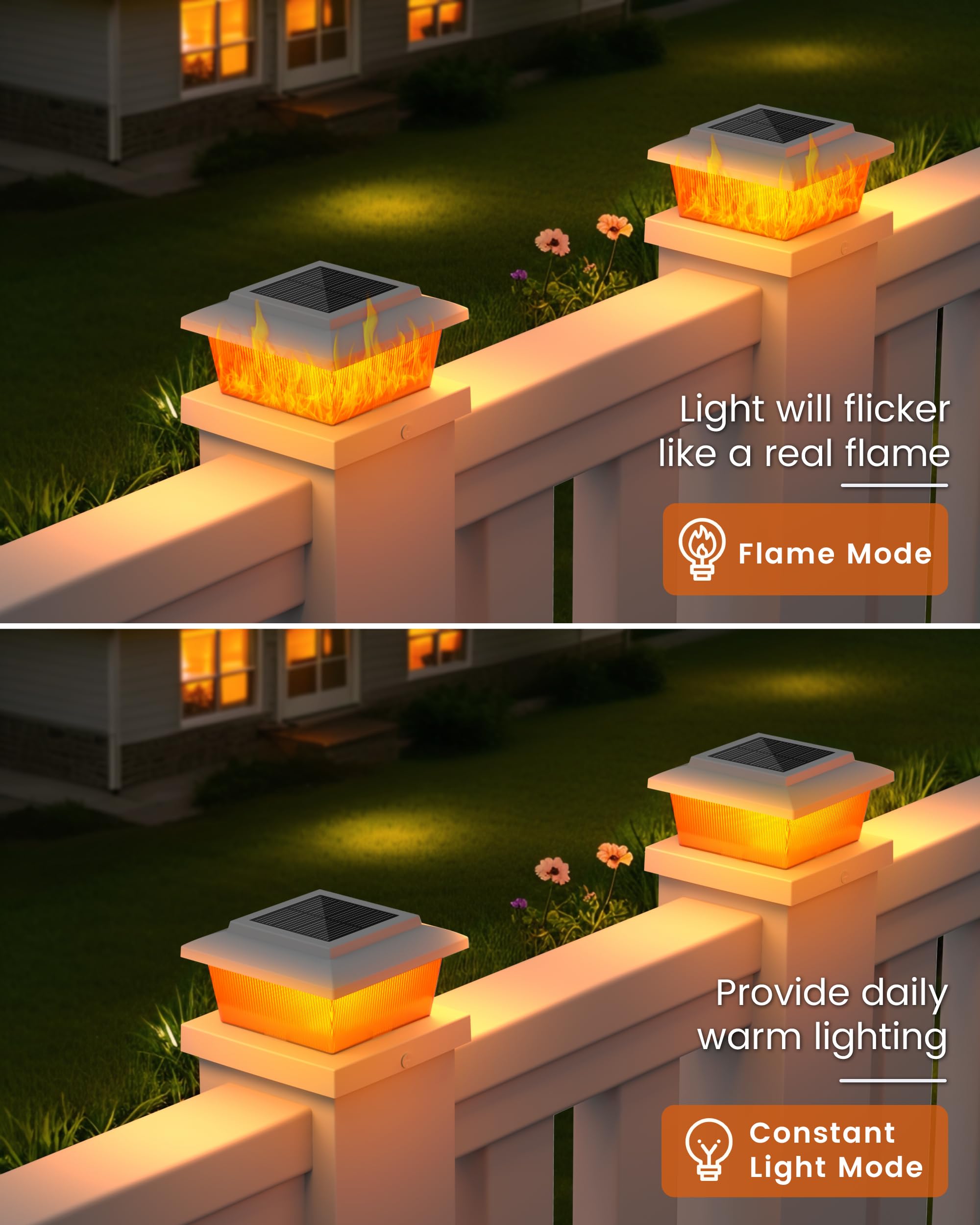Volisun Solar Fence Post Lights 4Pack  White Solar Deck Cap Flame Light Outdoor Waterproof  High Brightness Flickering Flame Smd Led Lighting  For 4X4 Wooden/4X4 5X5 Vinyl Post