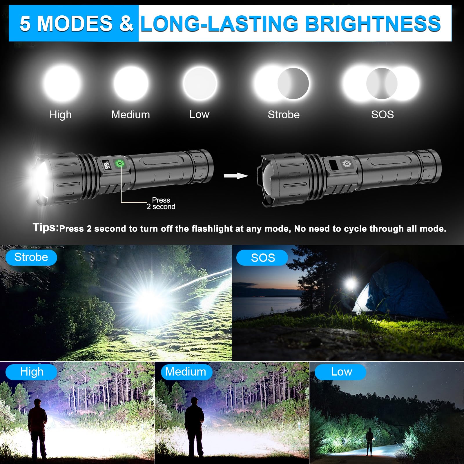 MOREVAC Rechargeable LED Flashlight, 5 Modes, 1500 Meters, Waterproof, Black, Model K2302-1-2, 1 Pack with Storage Bag