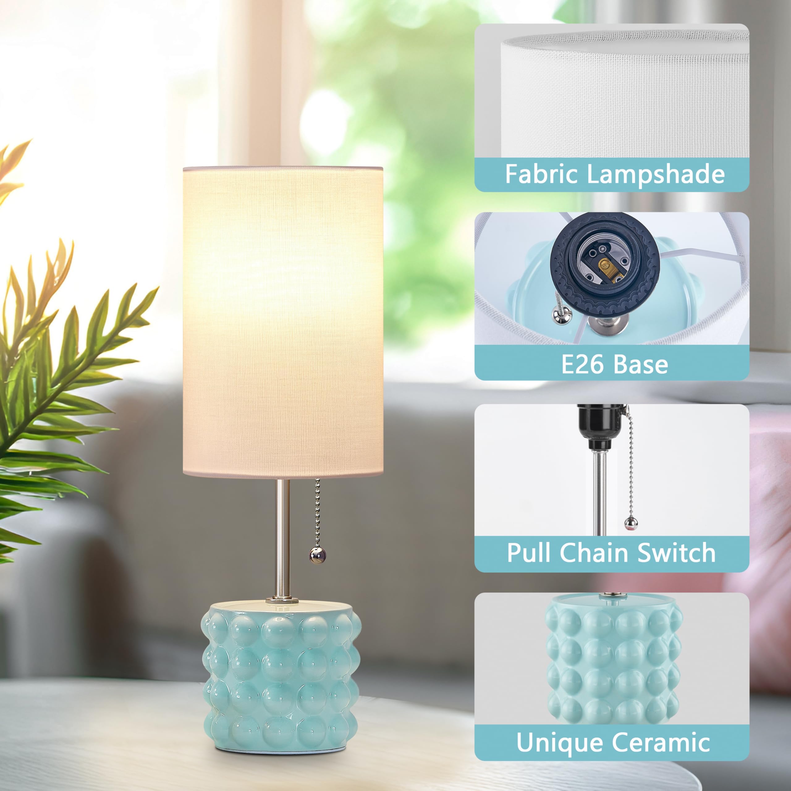 Gyrovu Ceramic Table Lamp Set Of 2, Small Bedside Table Lamps, Modern Pull Chain Nightstand Lamps With Fabric Shade, Blue Desk L