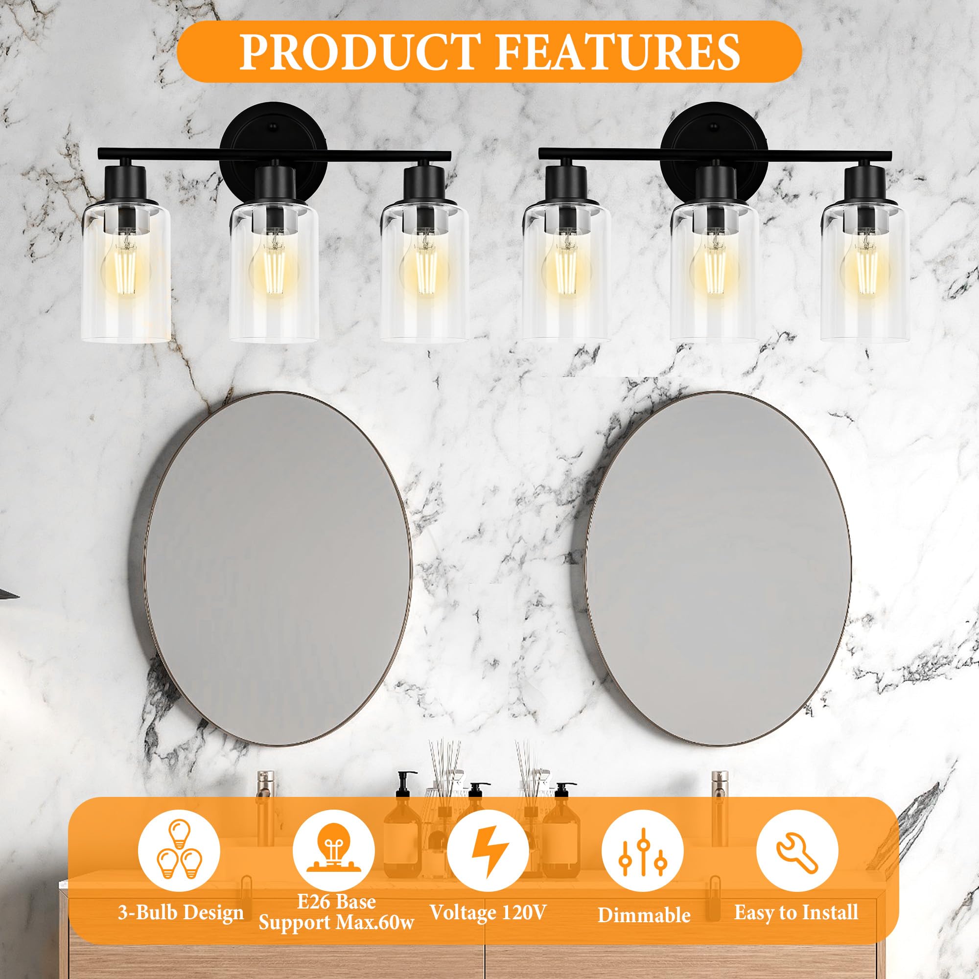 Faymart 3-Light Bathroom Vanity Light Fixture, Black Metal & Glass, Over Mirror, Model 748327905294