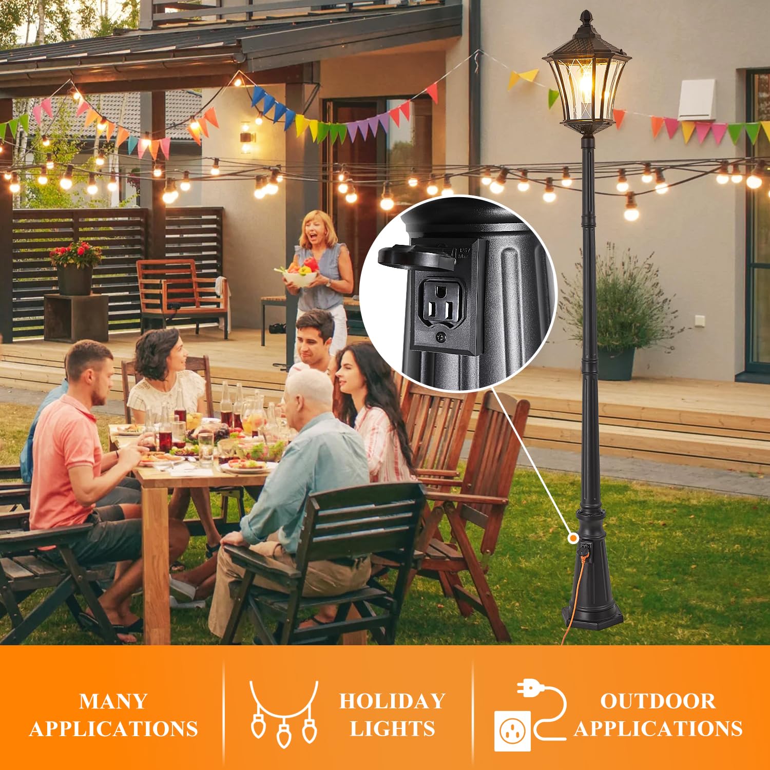 SCNYCUL Outdoor Lamp Post with Outlet, Dusk to Dawn, Aluminum Waterproof, Black, Model H076