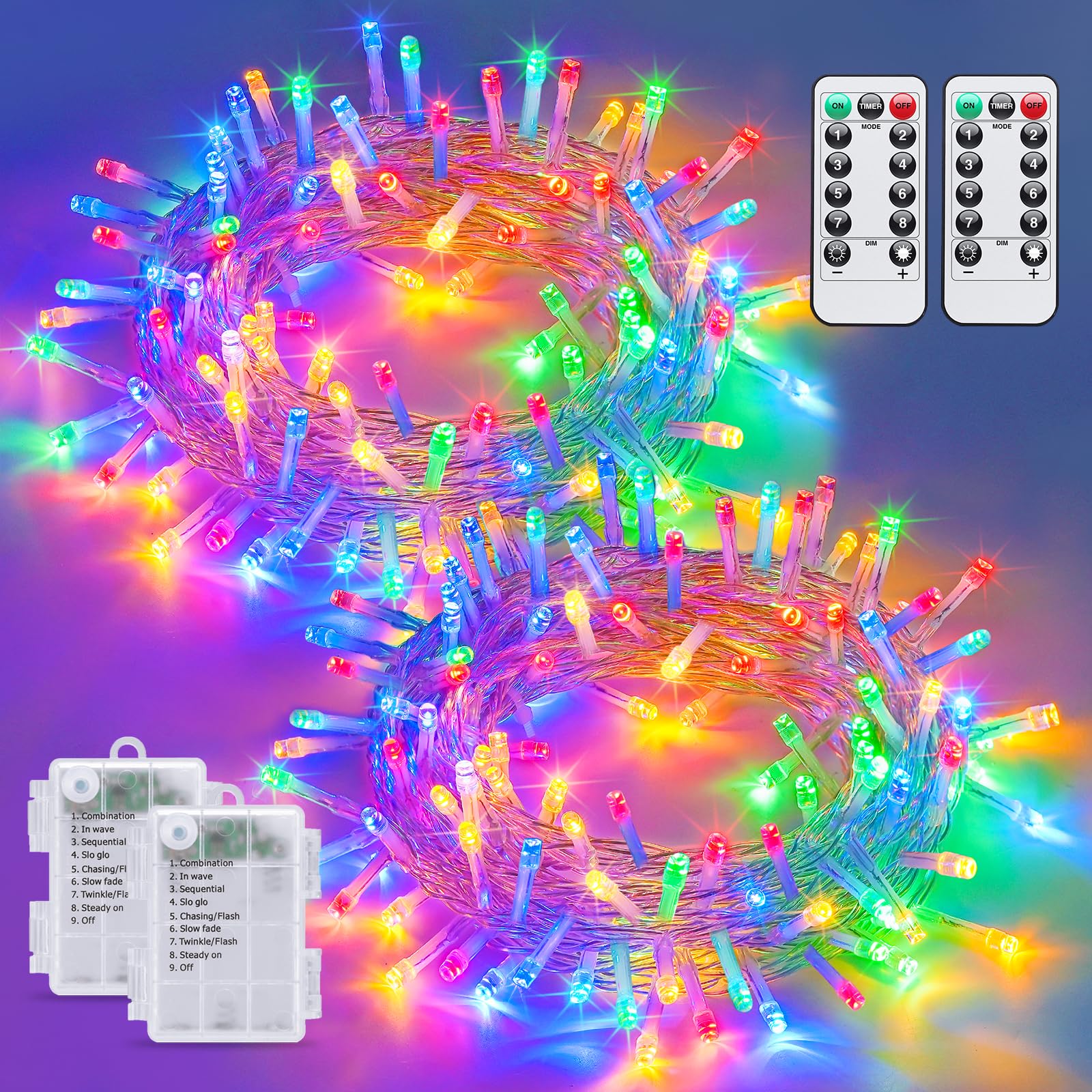 POTIVE Total 66ft 200 LED Led Multicolor Christmas Lights Outdoor, 2 Pack Battery Operated Fairy Christmas Lights with Remote, 8