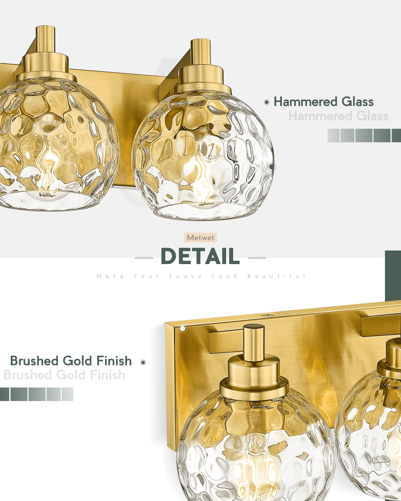 METWET 3-Light Bathroom Vanity Light Fixture, Brushed Gold with Clear Hammered Glass Shade, Model VL200-BG-3