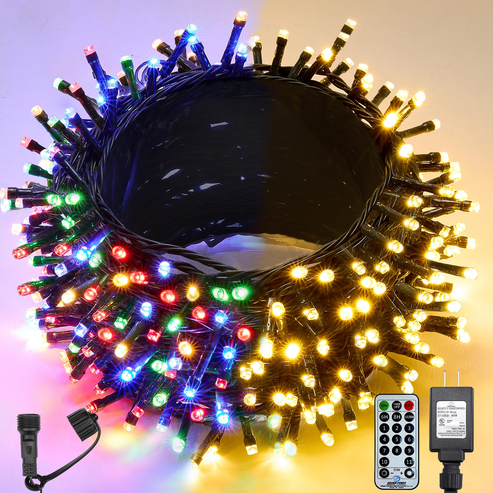 WBao Christmas Lights Indoor Outdoor 300LED 100FT  Color Changing Christmas String Lights with Remote  UL Certified  11 Modes  Timer  Connectable & Waterproof for Party Decor  Warm White & Multicolor
