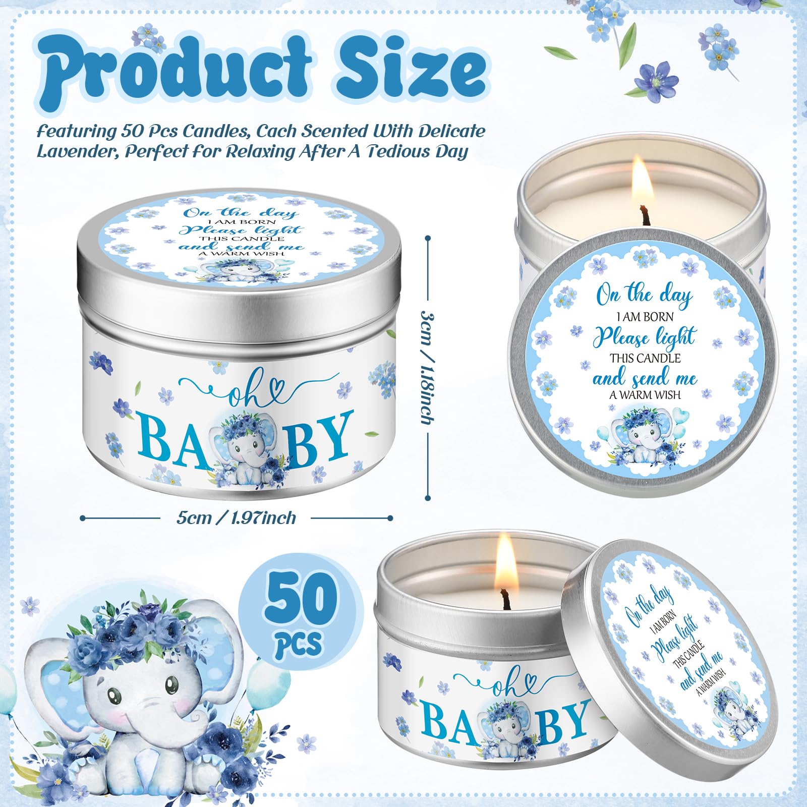 Threlaco 50 Pcs Baby Shower Party Favors Candles Lavender Scented Gender Reveal Gifts Bulk Candles for Favors Baby Shower Rustic