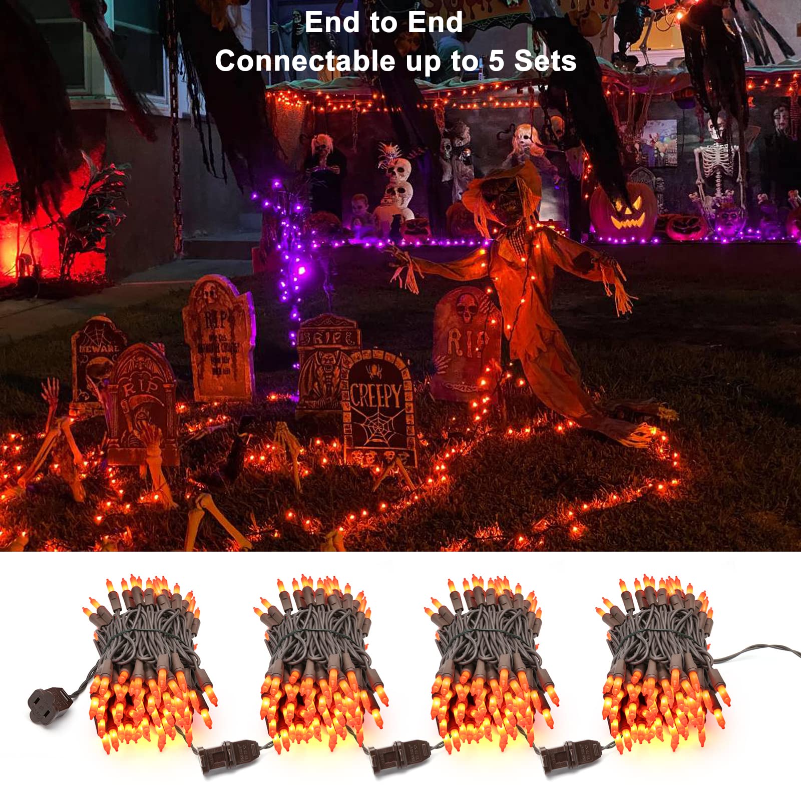 ODEETRONIC Orange Halloween Lights, 100 Count, 21.63ft, Mini Indoor/Outdoor String Lights, Brown Wire