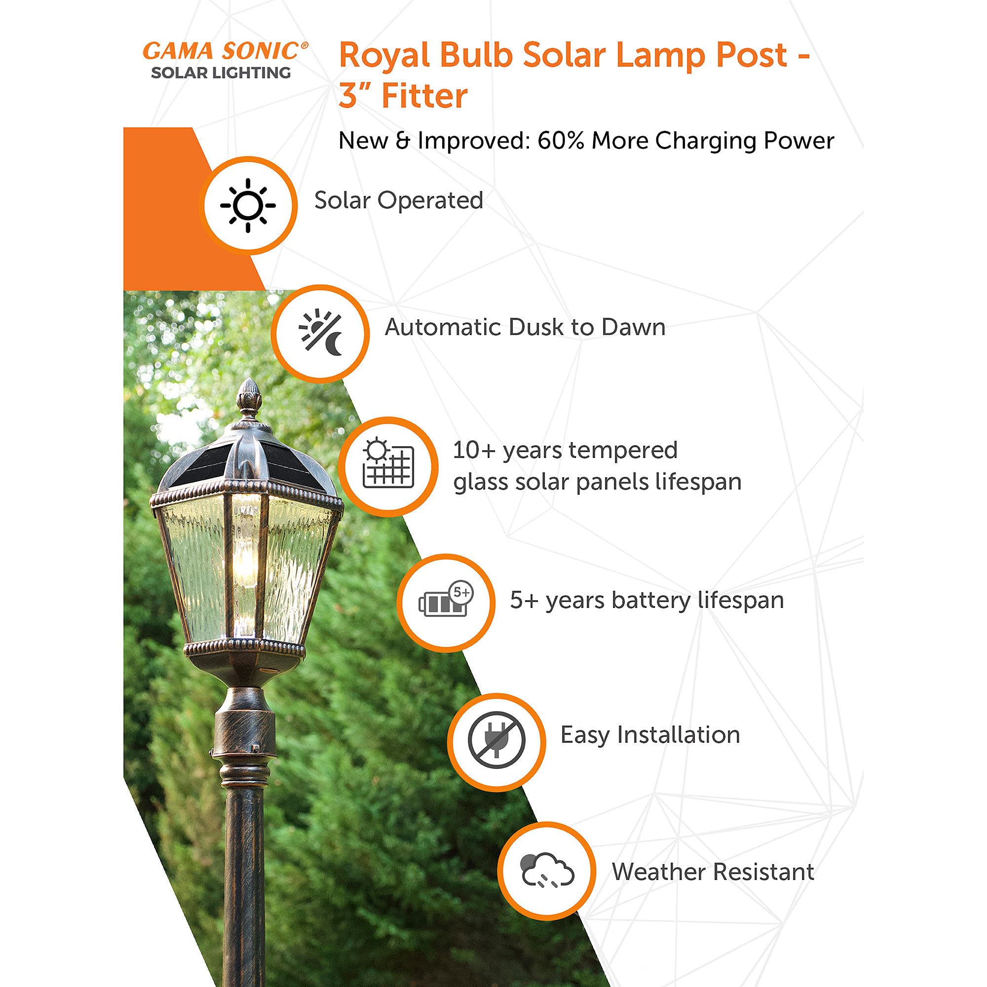 Gama Sonic Outdoor Solar Post Light, Brushed Bronze Finish Aluminum, Royal Bulb, Clear Rain Glass, 3-inch Fitter for Lamp Posts