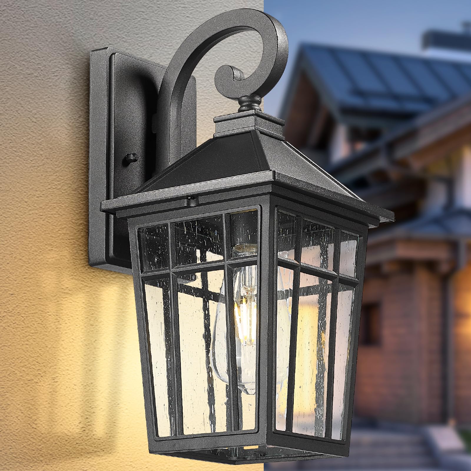 Darkaway Outdoor Wall Lights, Black Aluminum Sconce, Waterproof with Seeded Glass, Medium Size, Model 6X24B BK