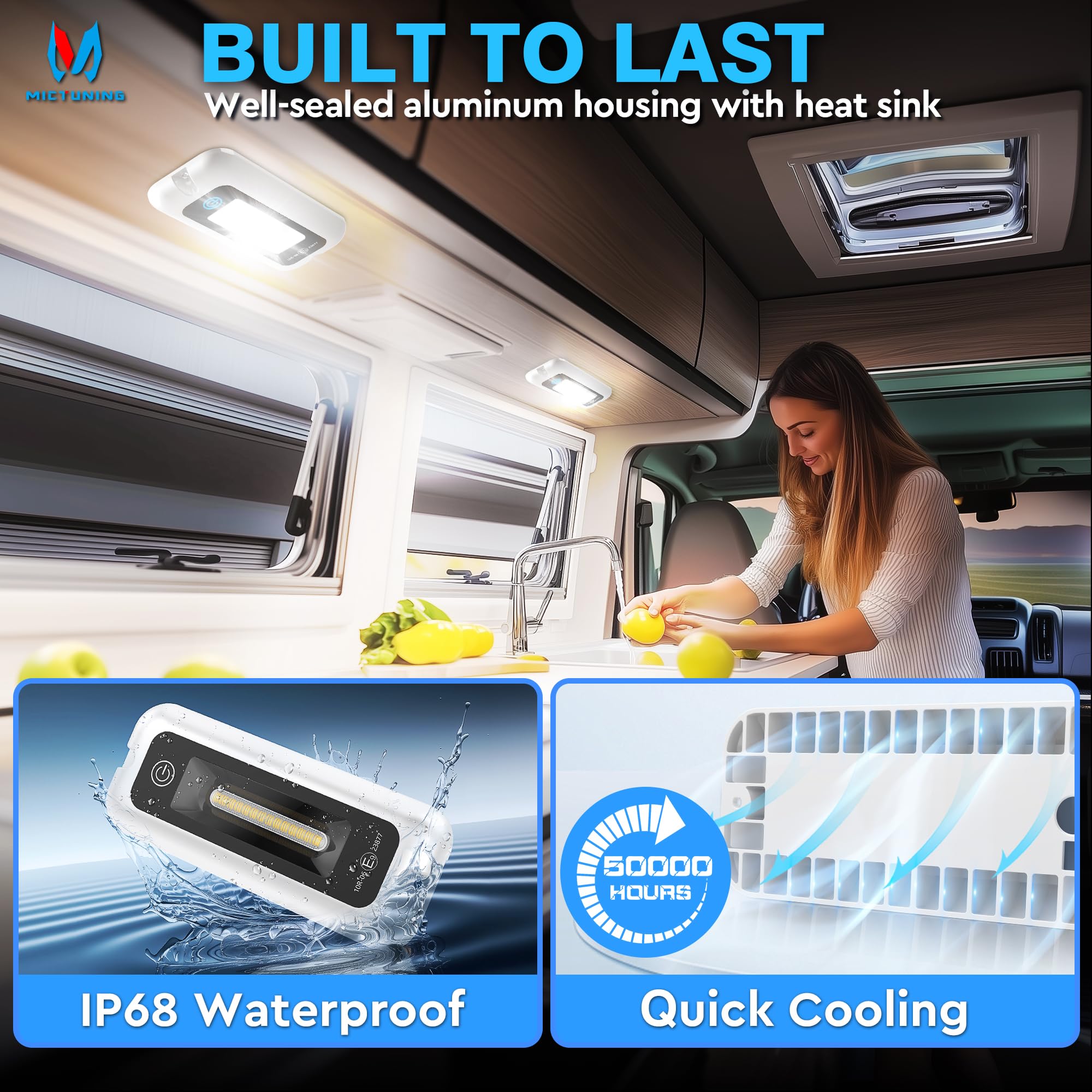 MICTUNING LED Interior Porch Light, Touch Screen, IP68 Waterproof Aluminum, 6 Inch Size, 6000K for RV, SUV, Boat, Home