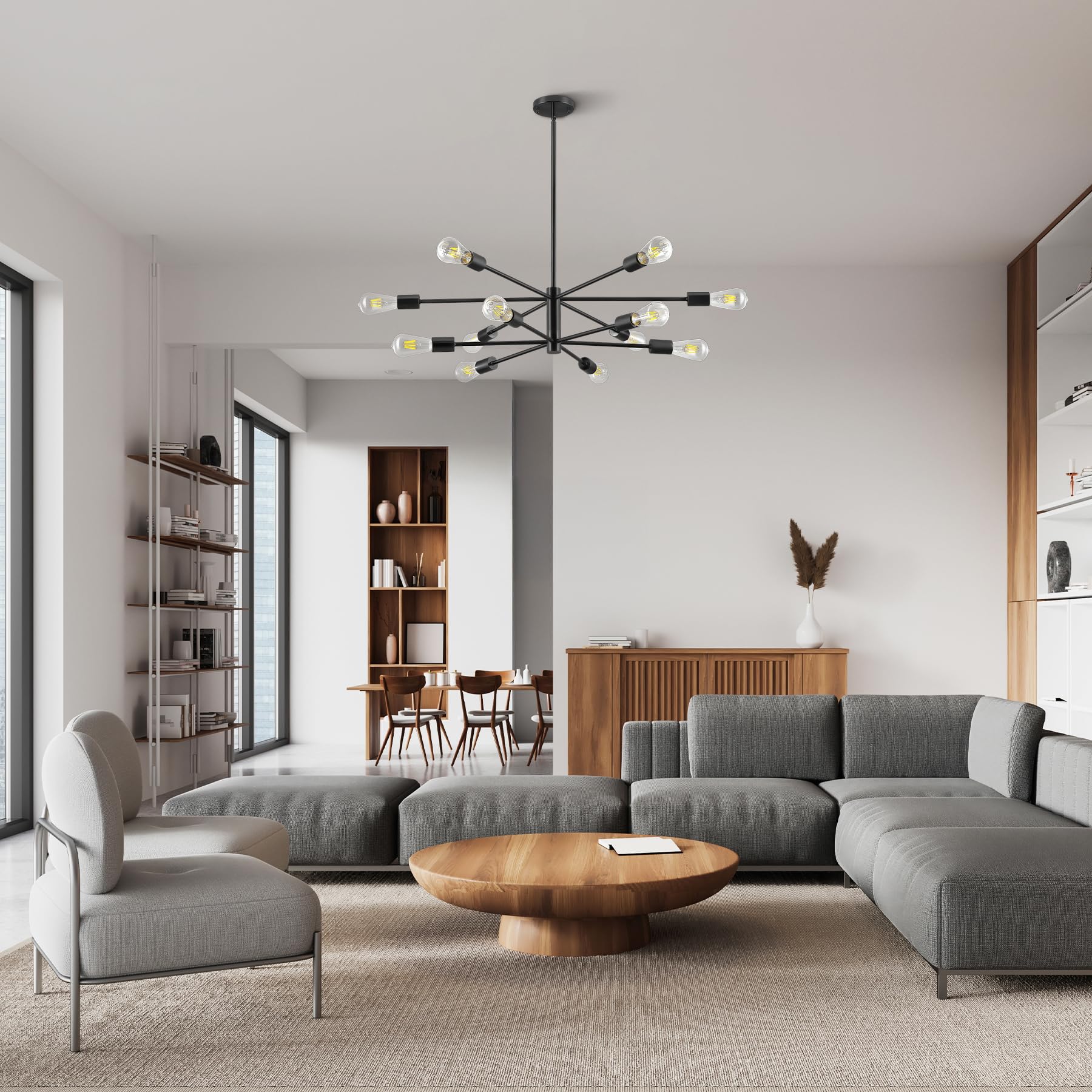 Vonluce 12-Light Sputnik Chandelier, Black Chandelier For Dining Room, Height Adjustable Modern Chandelier Over Table For Living