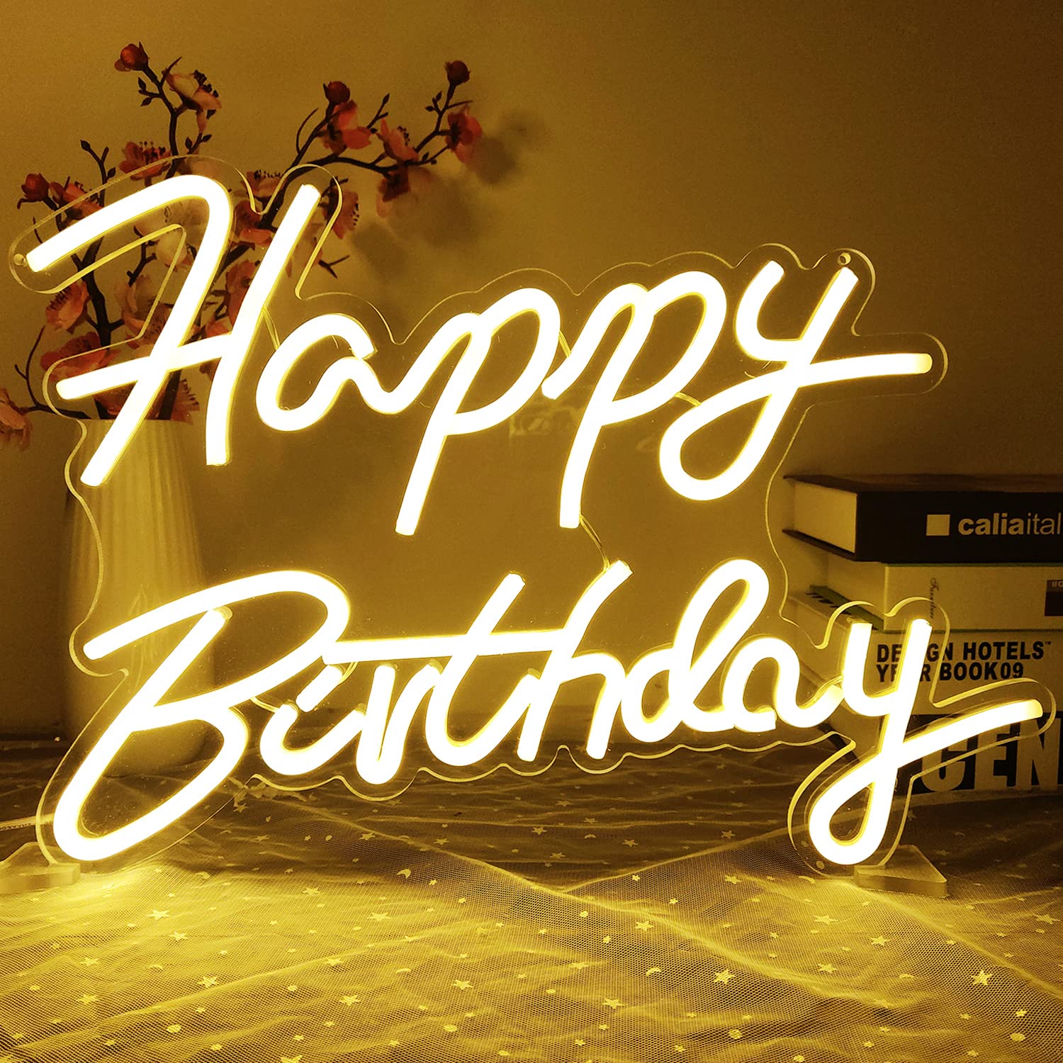 Ajoyferris Dimmable Neon Sign - Happy Birthday Light, 16.5x12 in, White Acrylic & PVC, USB Powered for Party Decoration
