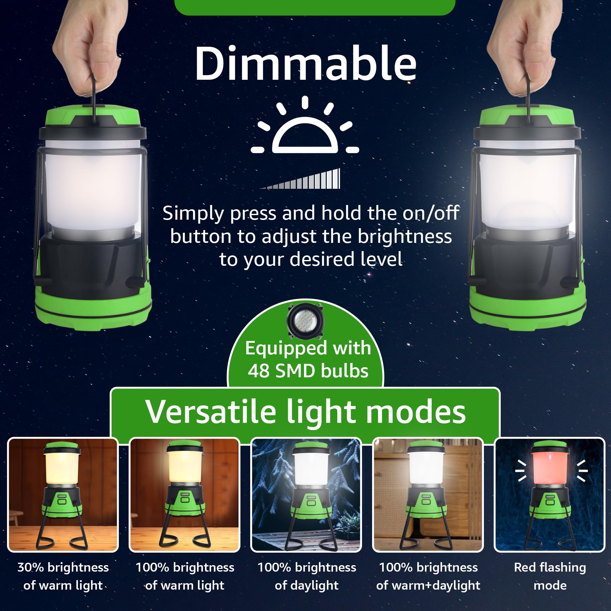 AYL Rechargeable LED Camping Lantern - 2300 Lumens, Portable, Waterproof, Black and Green, Model RESL688
