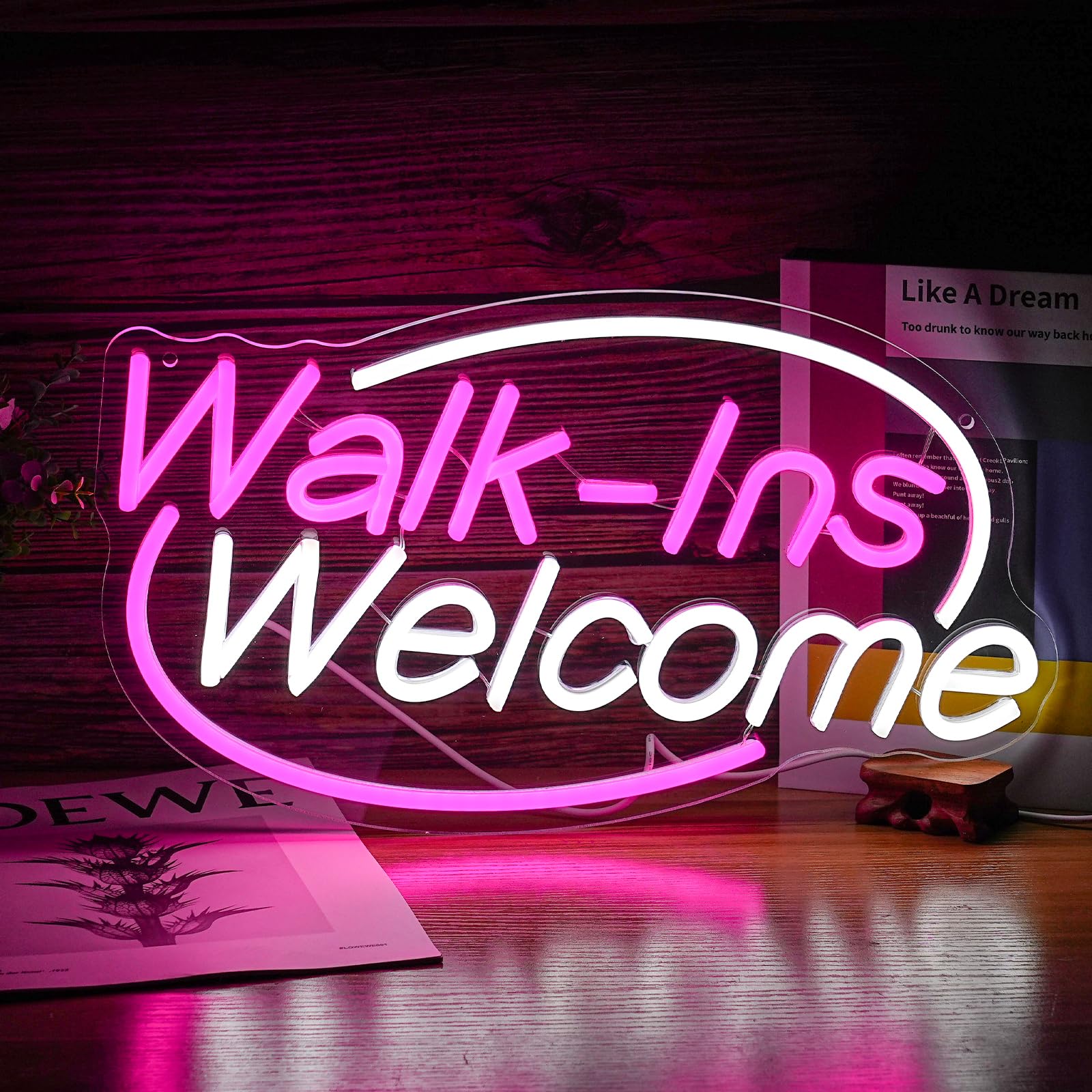 Noasktt Walk-Ins Welcome Neon Sign, Pink + White LED, Acrylic, 16.5x9.4in, USB Powered Wall Decor for Game Room, Bedroom, Bar