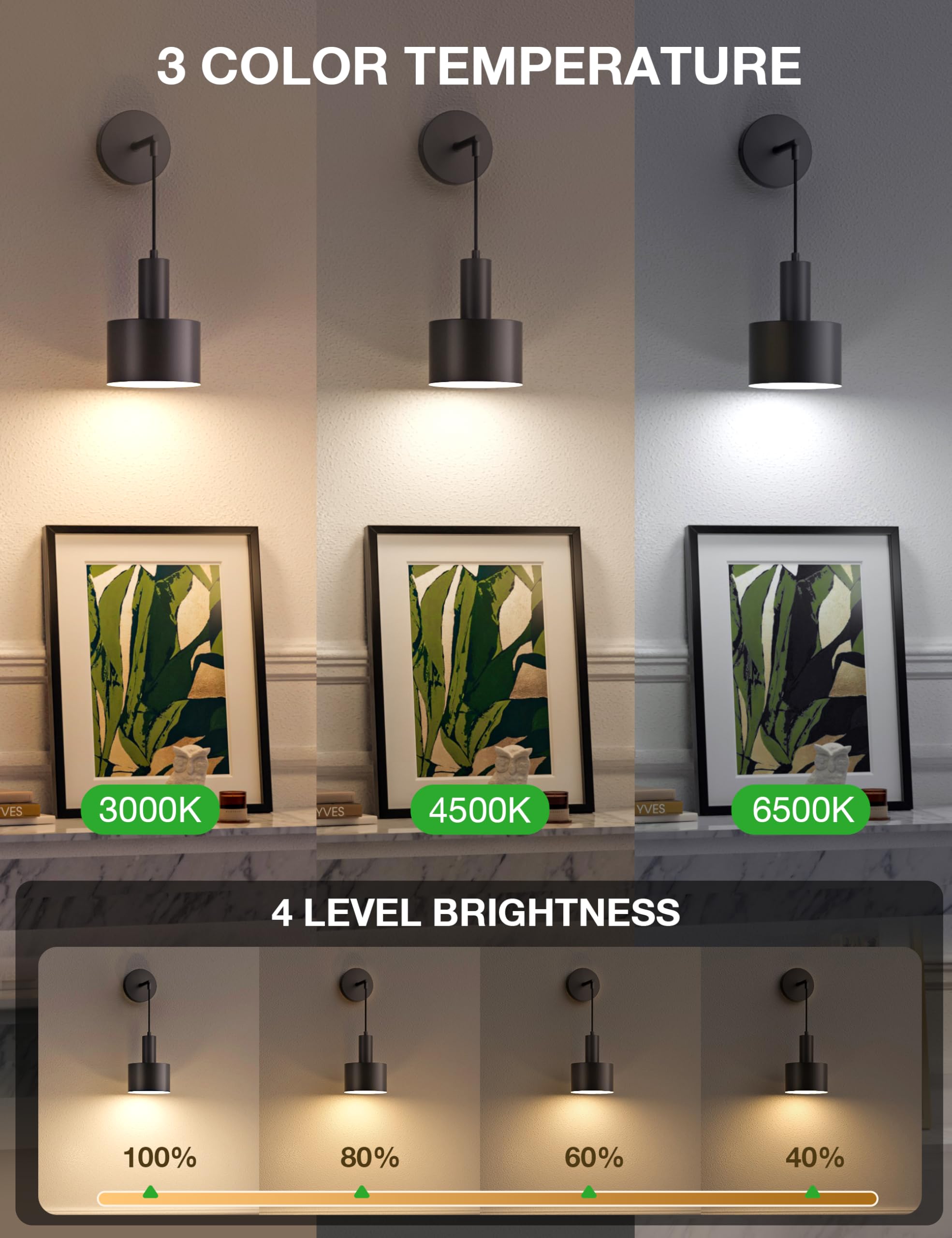 NIORSUN Battery Operated Wall Sconce Set of 2, Black, Wireless Rechargeable, Dimmable Bulbs, Remote Control, 5200mAh, Model 16201LGTF