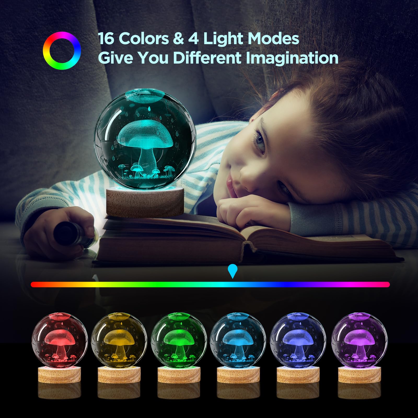 Dcoriuntg 3D Crystal Ball Night Light With Remote - Upgraded 3.15 In Mushroom Glass Ball Lamp With 16 Color Wooden Led Base Cute Room Table Lamp Decor Gifts For Kids  Teens  Women