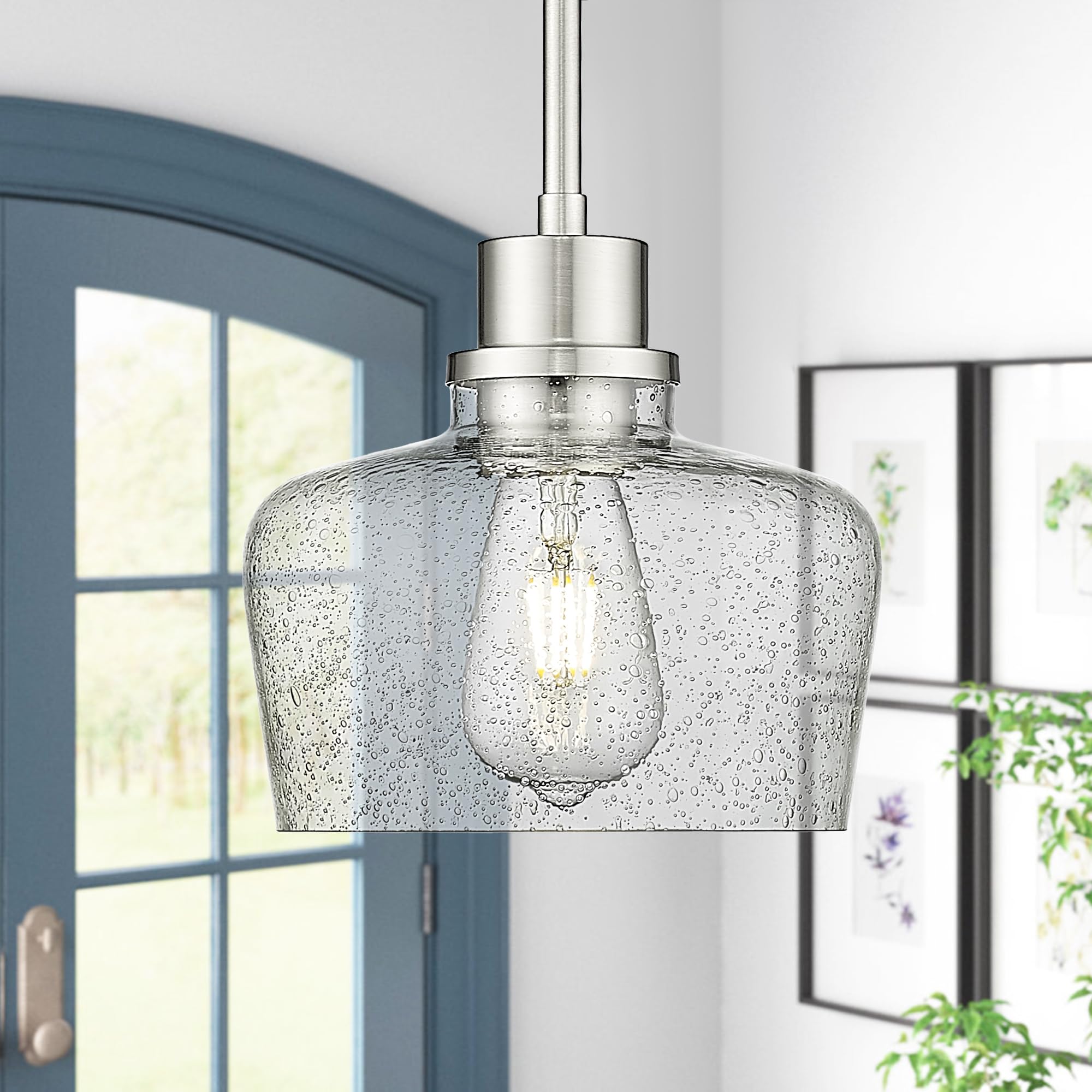Emak 8 Inch Pendant Lights Kitchen Island, Modern Brushed Nickel Pendant Light Fixtures With Seeded Glass Shade, 1 Light Hanging