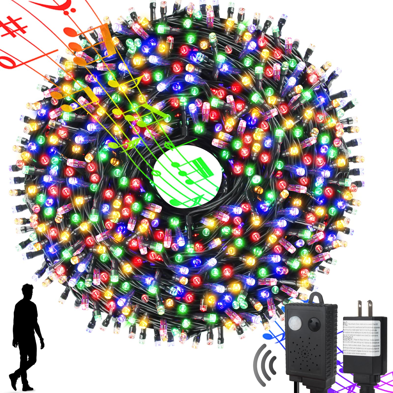 MZD8391 Motion Sensor Music Christmas Lights Outdoor Indoor, 108FT 300LED Christmas Tree Lights, Multicolor Christmas String Lights for Tree Party Holiday