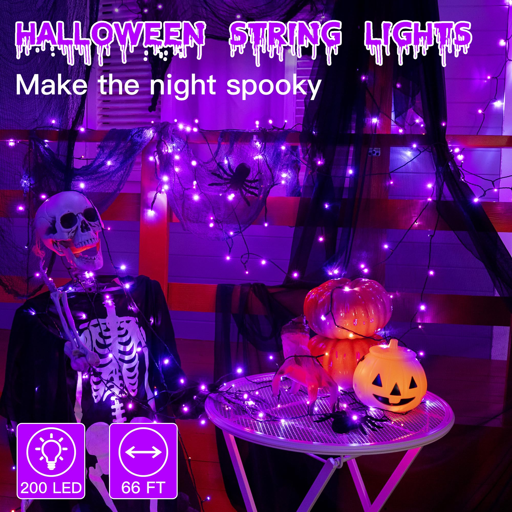 Guhope 66FT 200 LED Purple Halloween String Lights, Waterproof, 8 Lighting Modes, Model NYA0200A