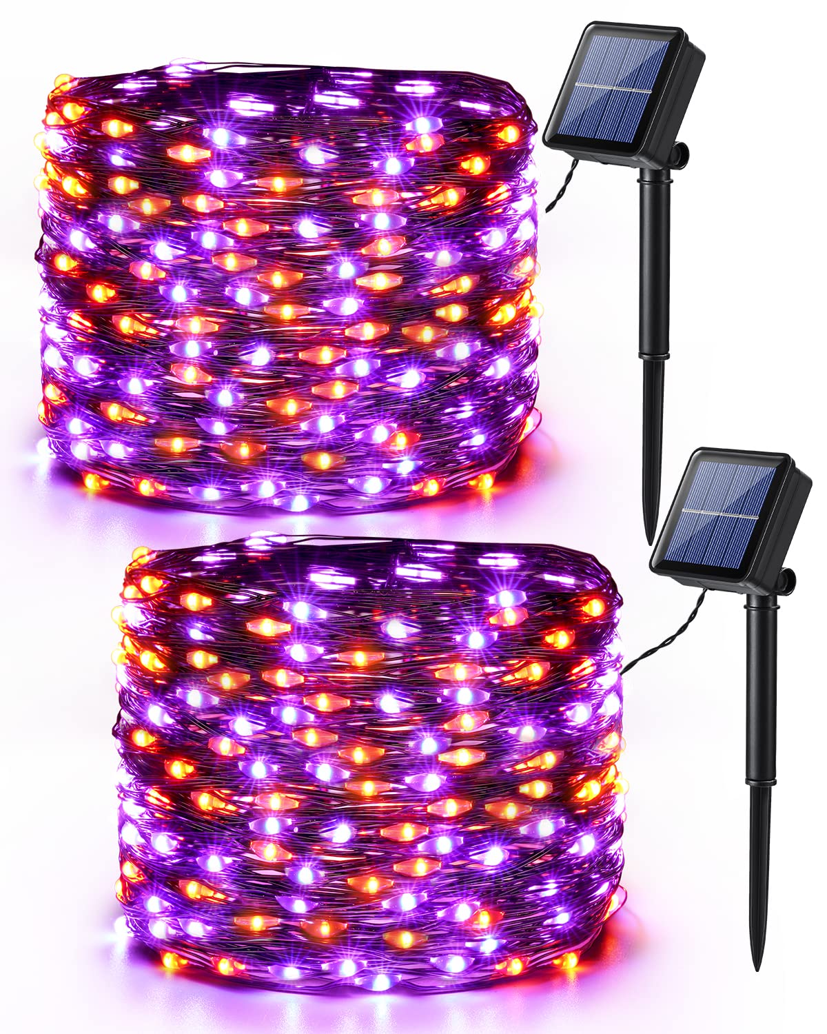 Brizled Halloween String Lights, 240 LED, 78ft, 2 Pack, Orange & Purple, Solar, 8 Modes, Outdoor Twinkle, Black Wire