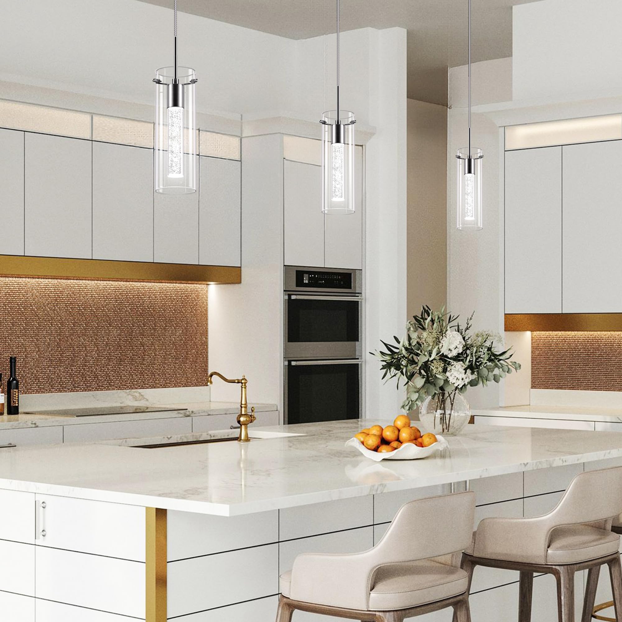 Esfos Pendant Ceiling Light Fixture, 1-Light Integrated Kitchen Hanging Light, Glass, Nickel-Cold, 1 Pack