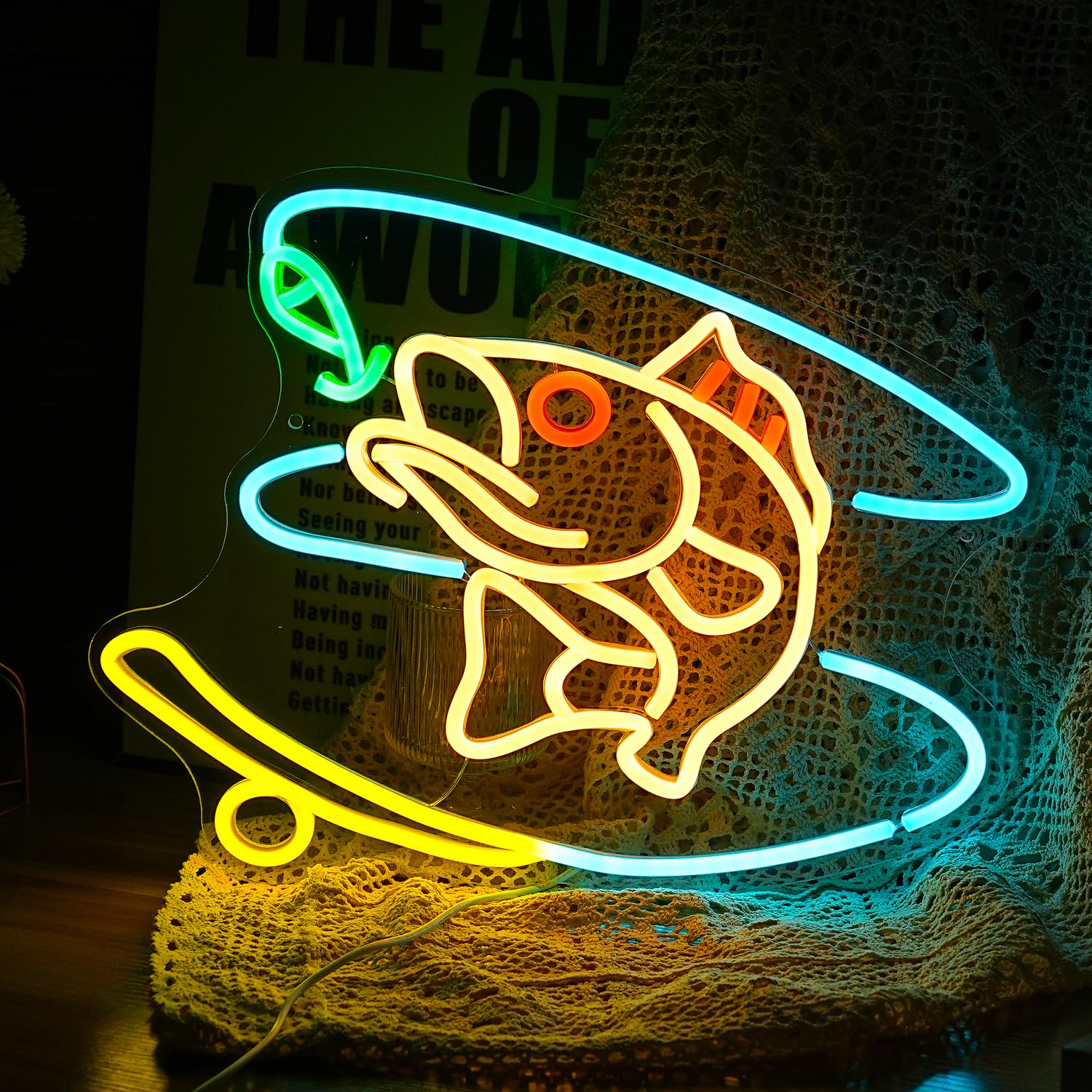 GNVETZLL Fishing Neon Sign LED Dimmable Wall Decor 15.7inx12.4in Acrylic Multicolor