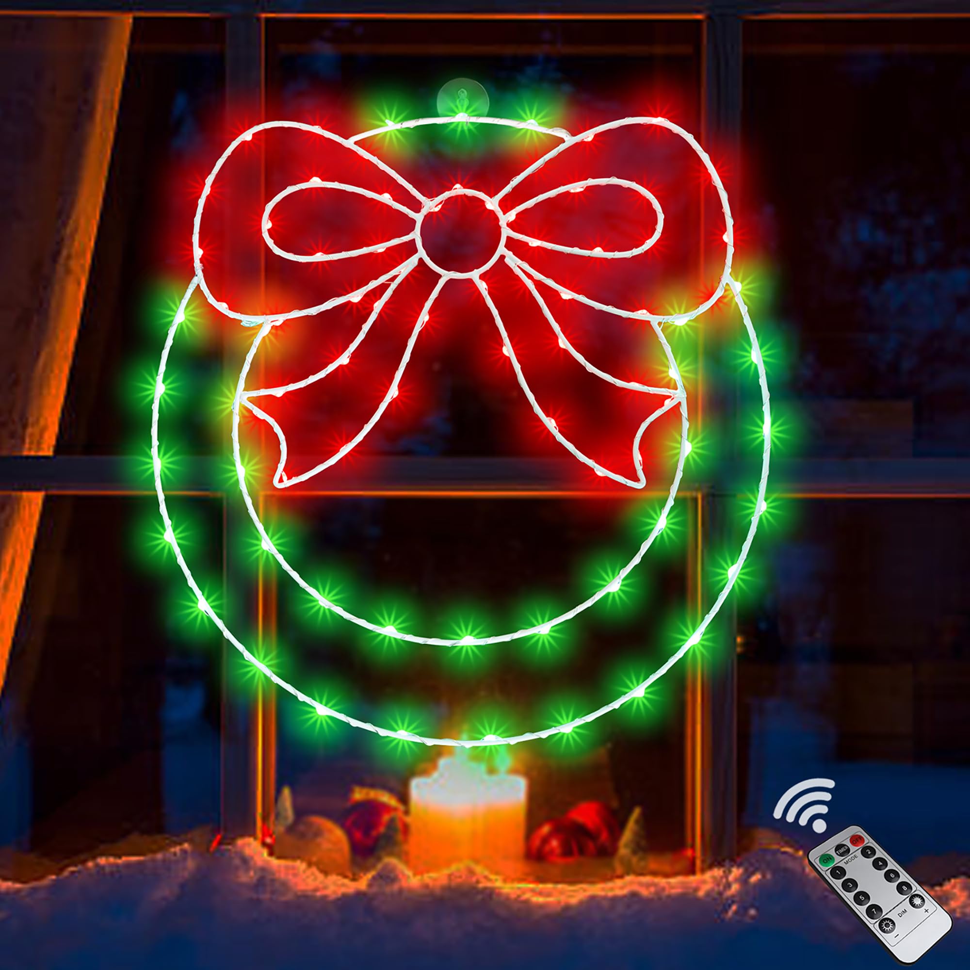 Zimati Christmas Wreath Window Lights Decorations, 14&quot; 82LEDs Christmas Wreath Lights with Bow, Timer Remote Control USB Powered Window Silhouette Lights for Door Home Wall Winter Xmas Party Decor