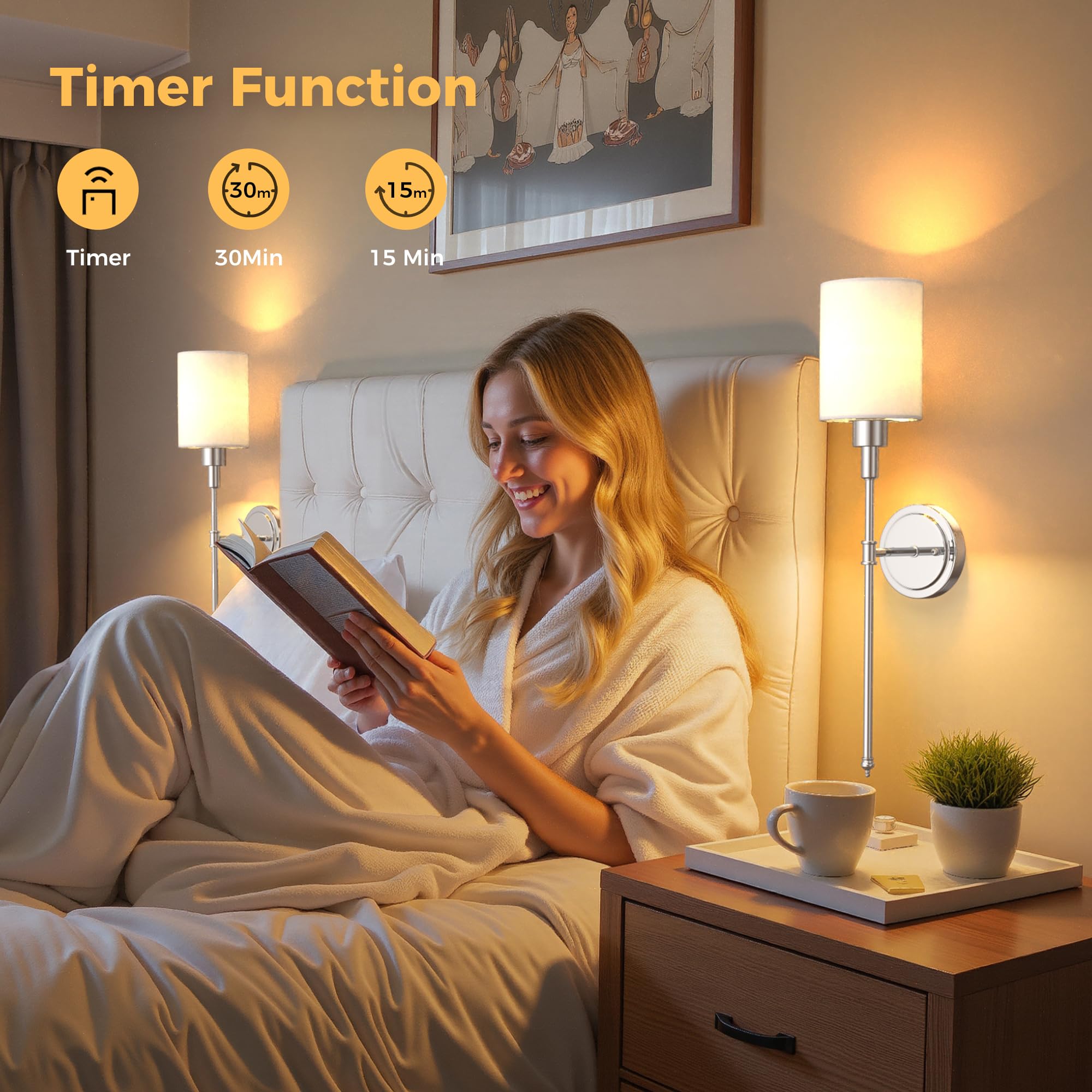 DORESshop Wall Sconce Set of 2, Wireless, Metal, Chrome, 24.3 inch Rechargeable Lights for Bedroom, Living Room Decor