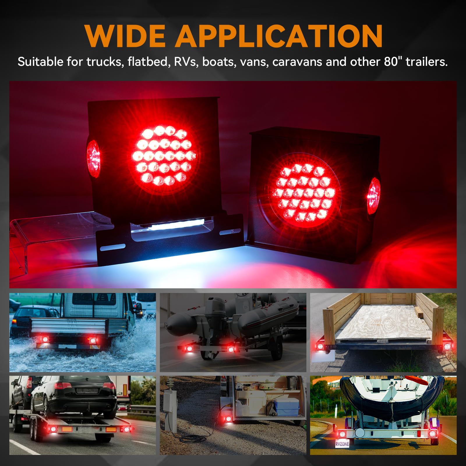 Rvzone 12V Square Led Trailer Light Steel Boxes Housing Kit  2Pcs Ip67 Red Waterproof Stop Brake Turn Lights With 4In Round Tail Lights 2 In Round Side Marker Light 6Led License Plate Lighting