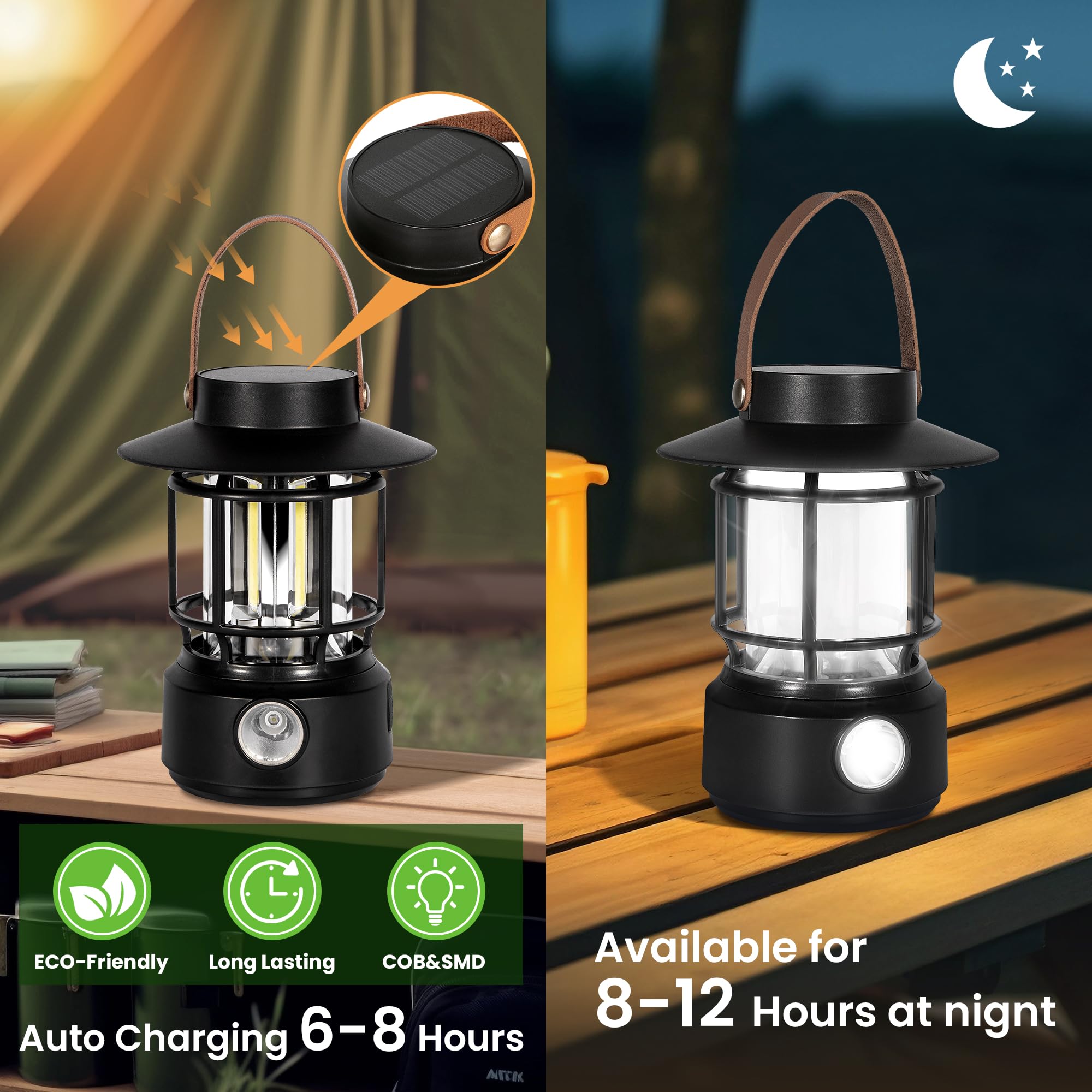 Led Camping Lantern 2 Pack, 1000LM, Solar Lantern Rechargeable Camping Lights with Side Flashlights for Emergencies, IPX5 Waterp
