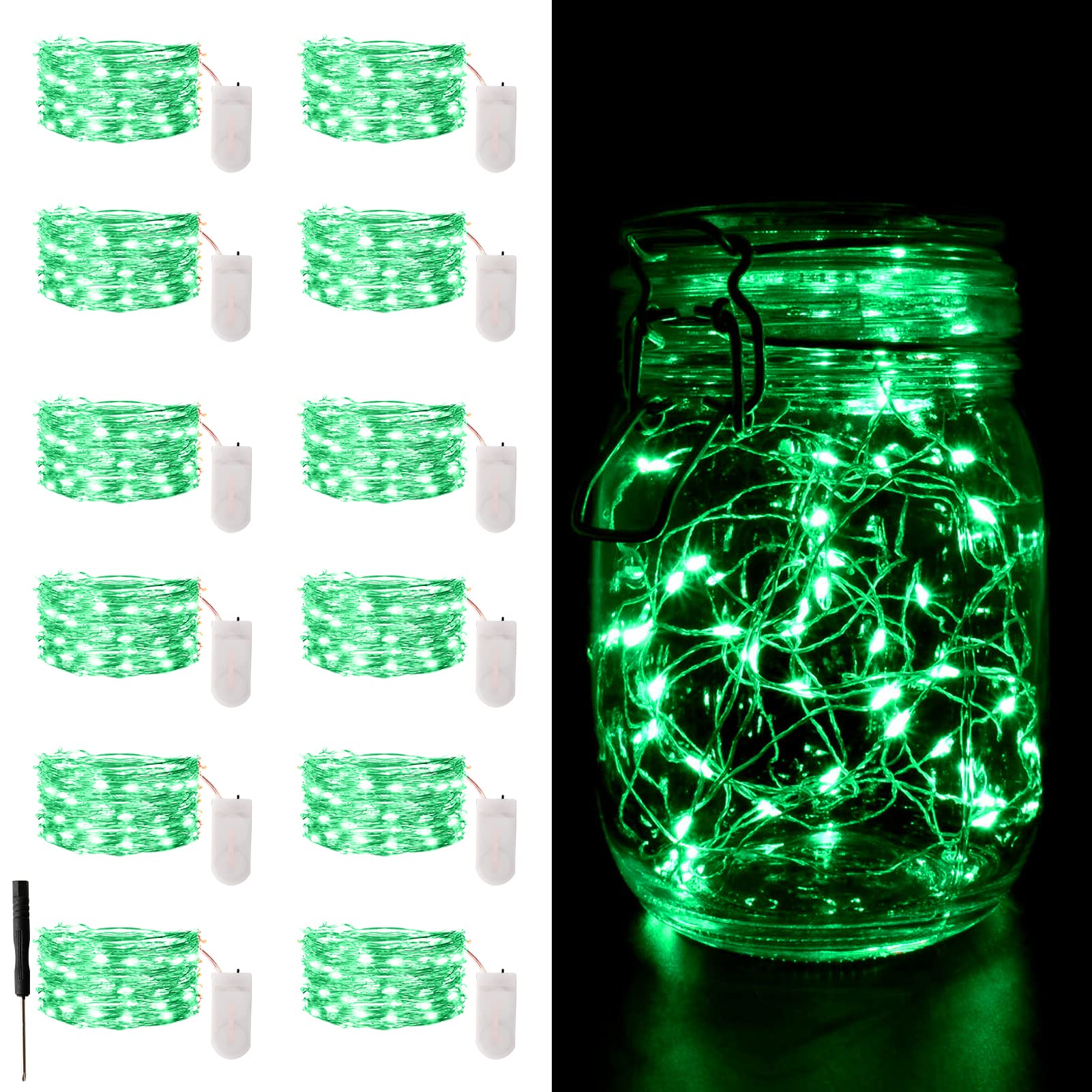 Camantu 12 Pack Green Fairy Lights Battery Operated, 7Ft 20Led Valentines Day Lights Battery Operated Waterproof Silver Wire For Diy Mason Jar Bedroom Party Birthday Wedding Christmas Decorations