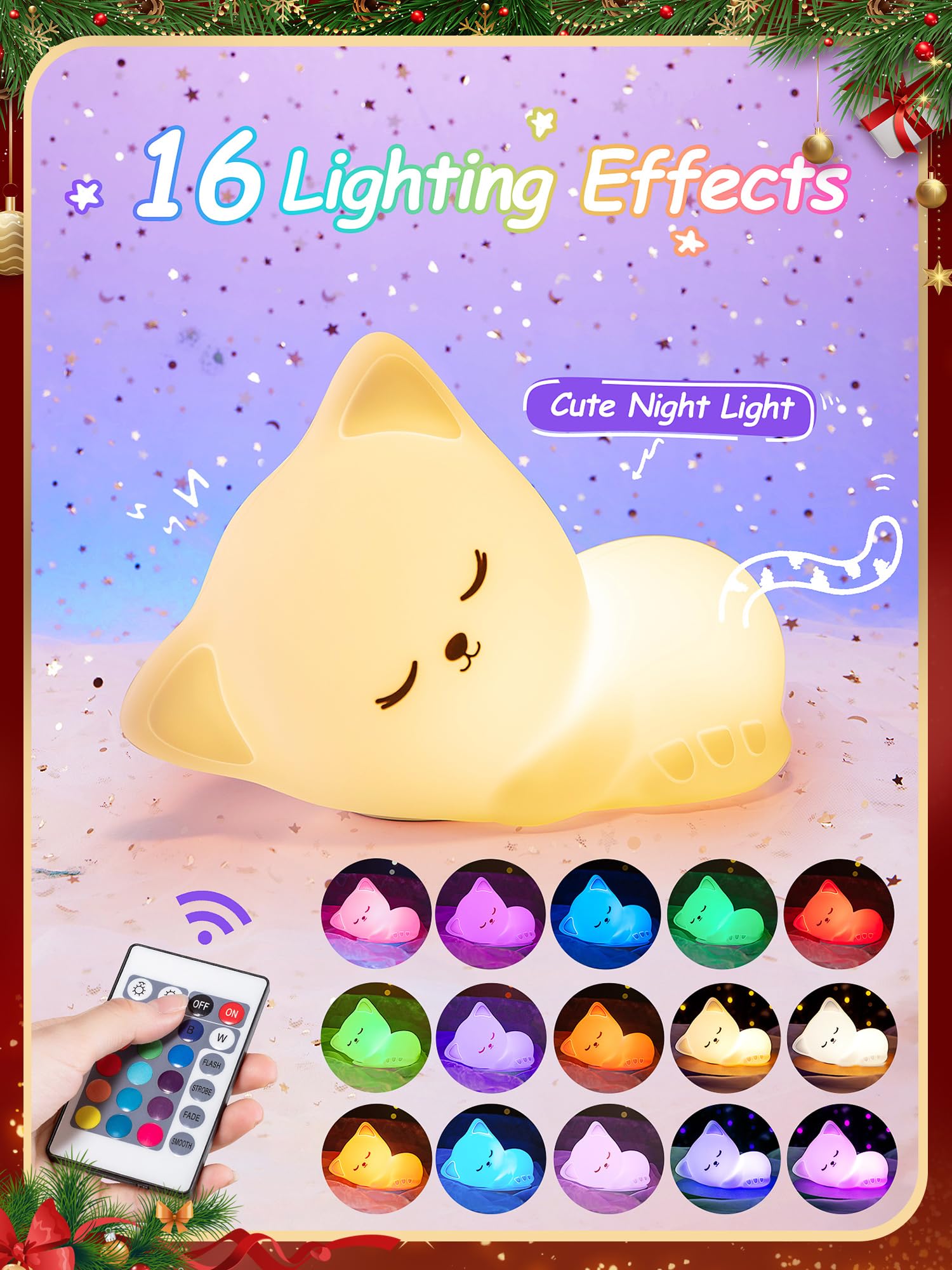 ?Gifts Package?Cat Gifts Baby Gifts, 16 Colors & Remote Control Silicone Cat Night Light Cat Decor,Dimmable Baby Night Light Lamp,Portable Rechargeable Cat Lamp,Kawaii Christmas Gifts For Teen Girls