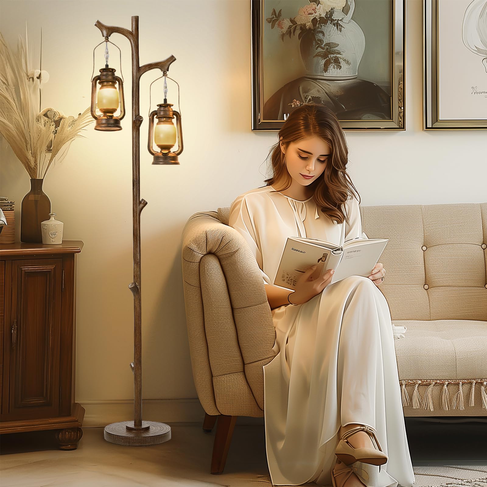 68'' Rustic Farmhouse Tree Trunk Floor Lamp Country Brown Finish Wood Vintage Standing Tall Lamp With Lantern Stepless Dimmable