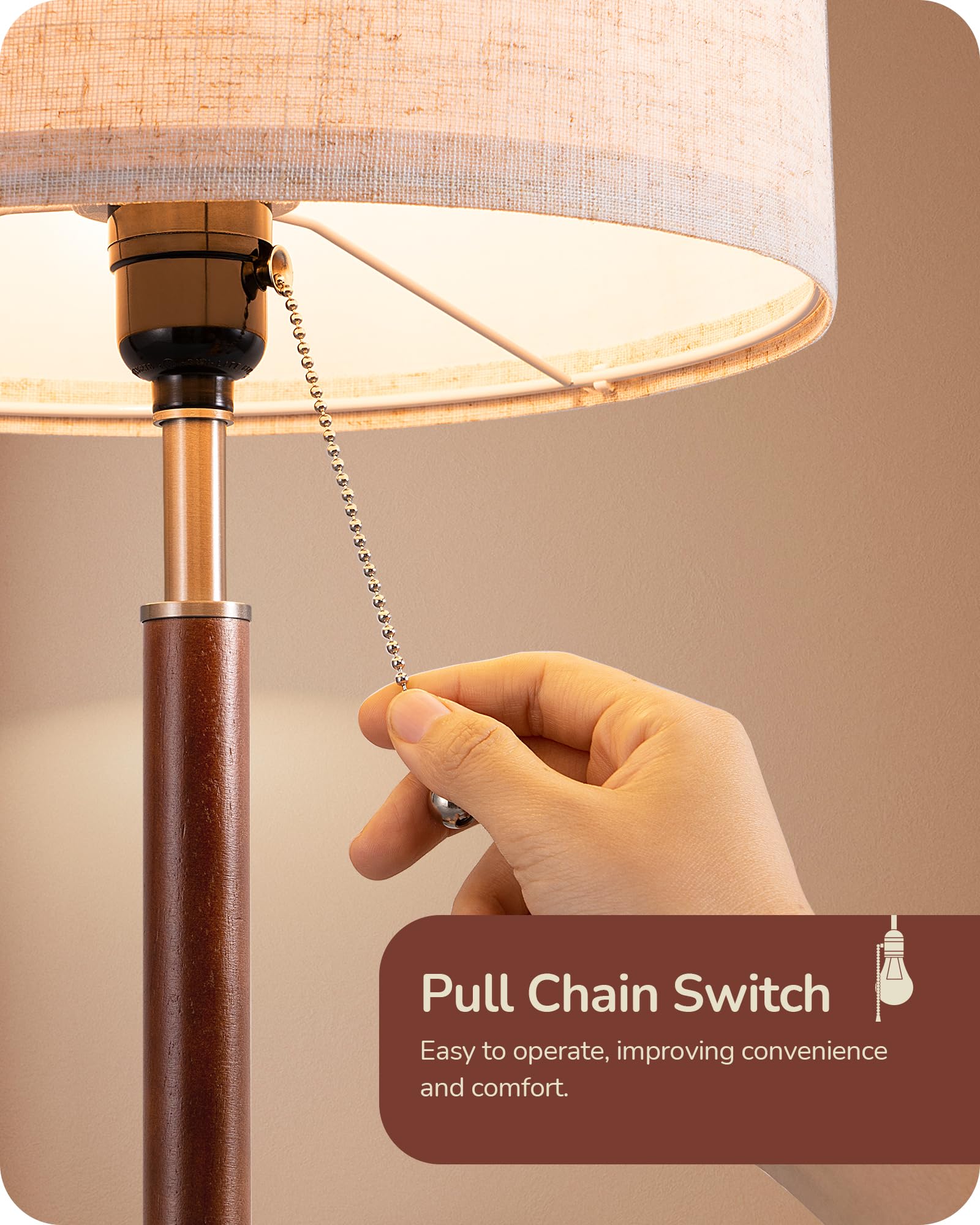 EDISHINE Mid Century Table Lamp, Solid Wood & Metal, Beige Linen Shade, E26 Base, Silver Finish