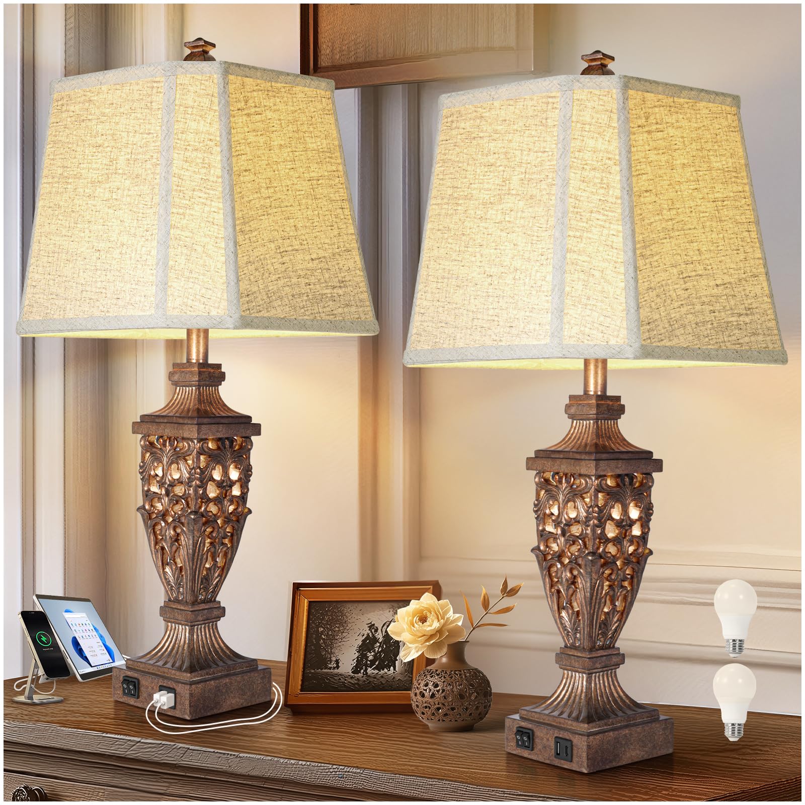 28.5'' Vintage Bronze Table Lamps Set Of 2 With Night Light,Lamps For Nightstand With Beige Linen Cut Corner Shade,Bedside Lamp 