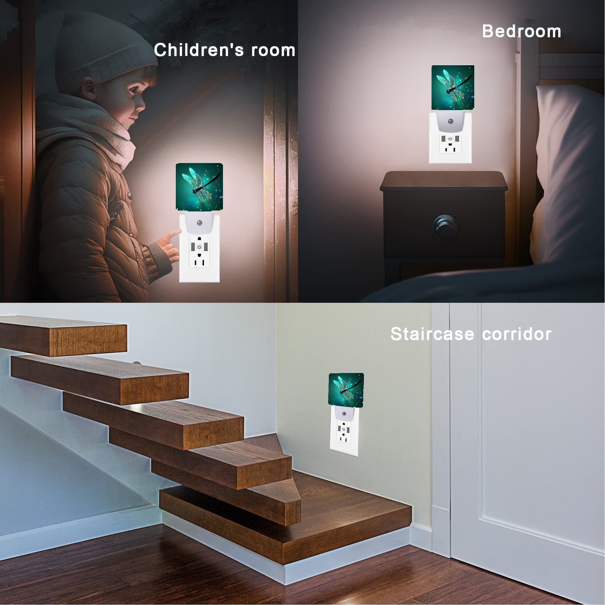 Oeaskly Dragonfly Night Light,Fantasy Green Dragonfly Plug-In Night Lights With Dusk-To-Dawn Sensor For Bedroom, Bathroom And Living Room Sleep Friendly Lamp For Women/Girls/Boys Gift,0.5W