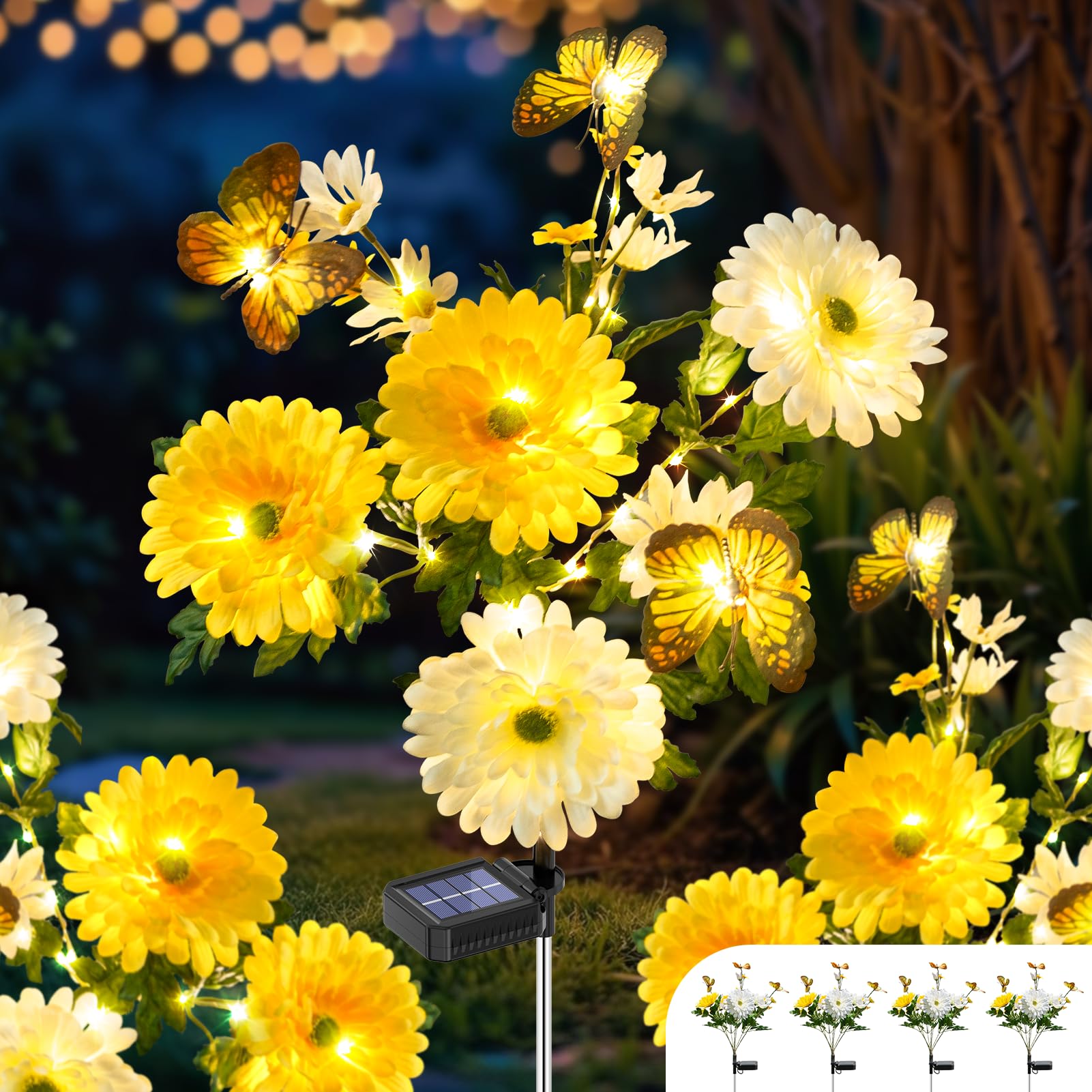 Topvelo Solar Garden Light 4 Packs  120 Leds Outdoor Solar Lighting With Daisy And Butterfly  Waterproof Outdoor Garden Light For Patio  Courtyard  Pathway Decoration (Yellow)