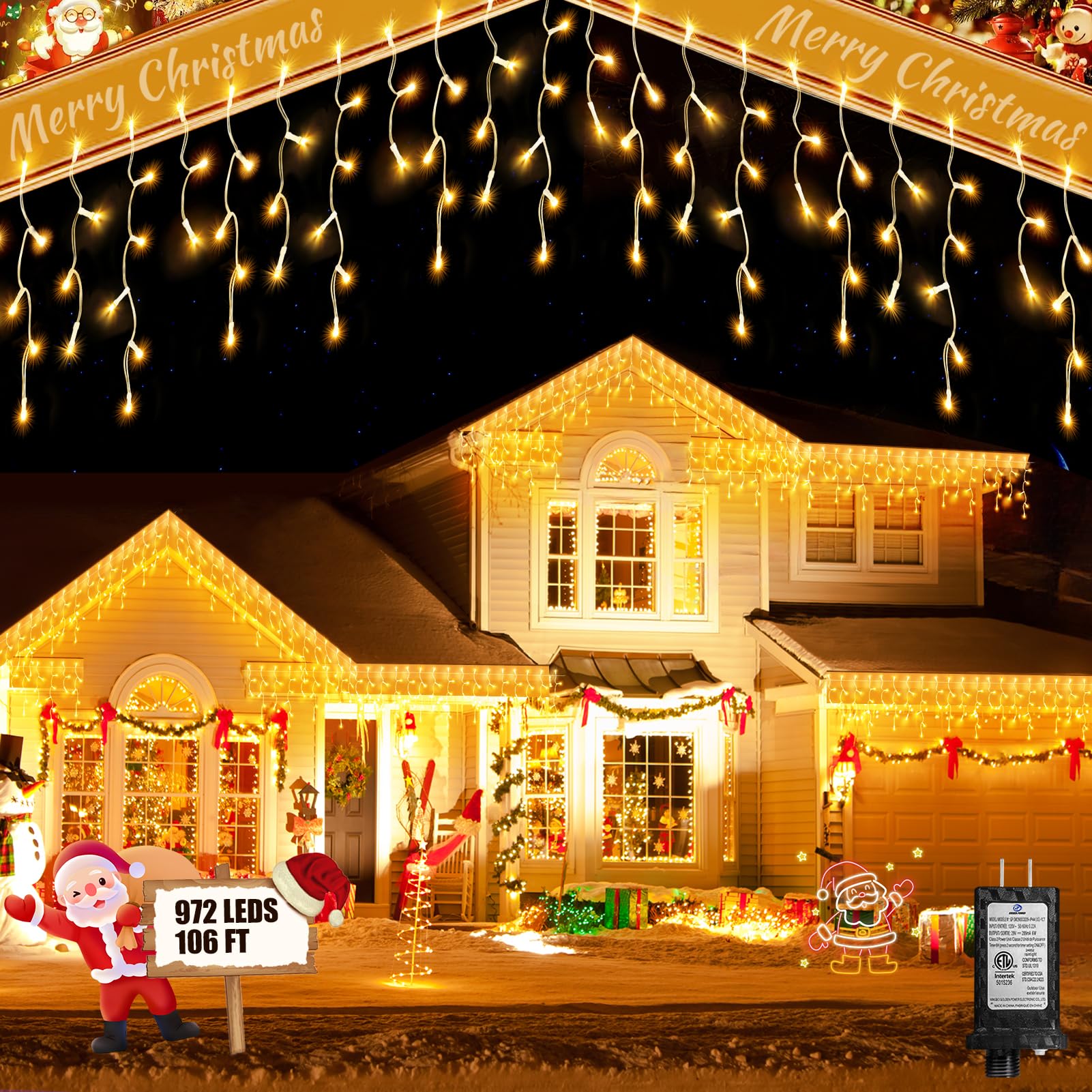 106 FT Christmas Lights Outdoor  972 LED Waterproof Outside Christmas Lights Plug in  Connectable 8 Modes Hanging Fairy Lights with 216 Drops for House Eaves Yard Patio Wedding Decoration  Warm White