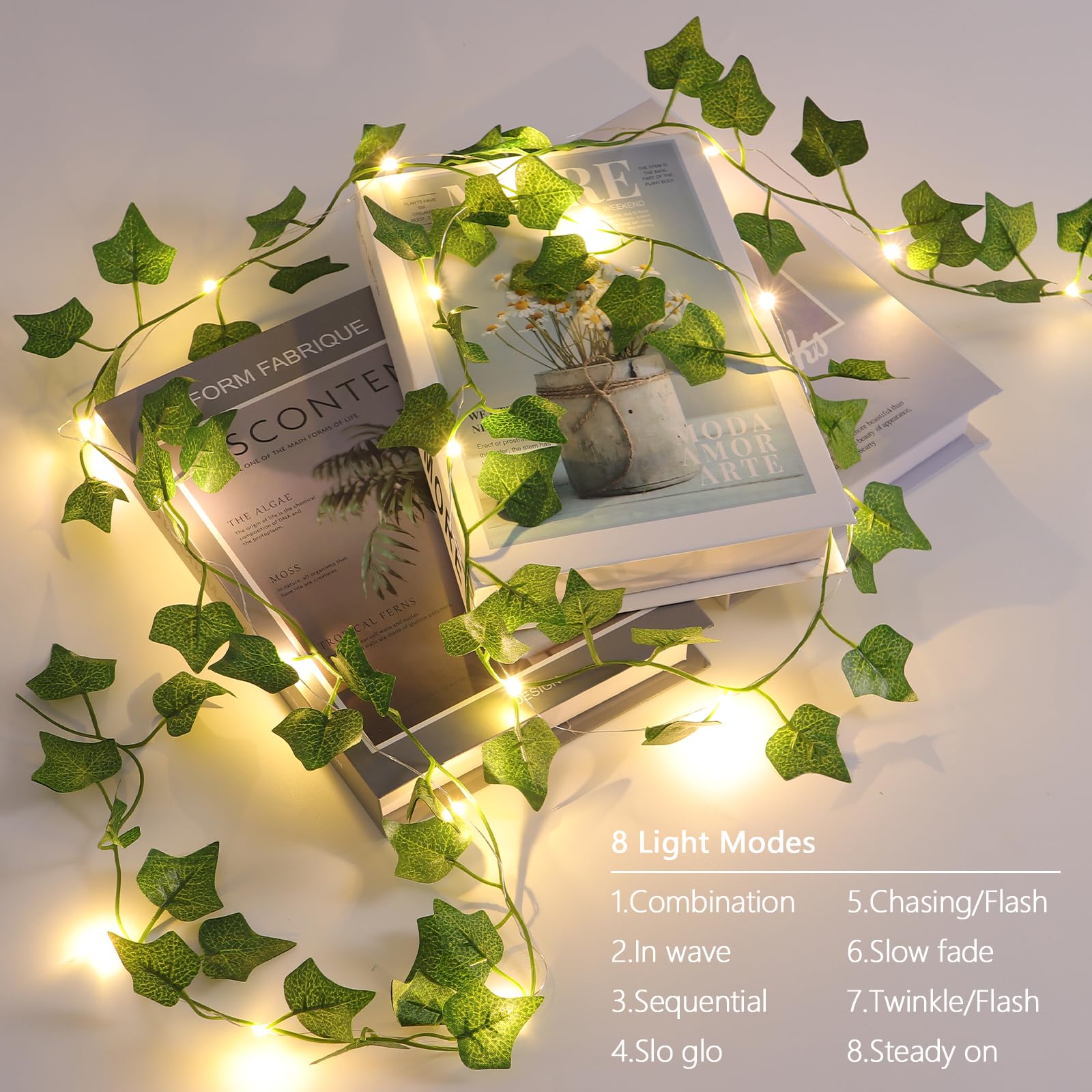 JOLAIQIAN Battery Operated LED Vines with Lights, 6.56ft, 20 Fairy Lights, Green Ivy, 8 Modes, Room and Party Decor, 1 Pack