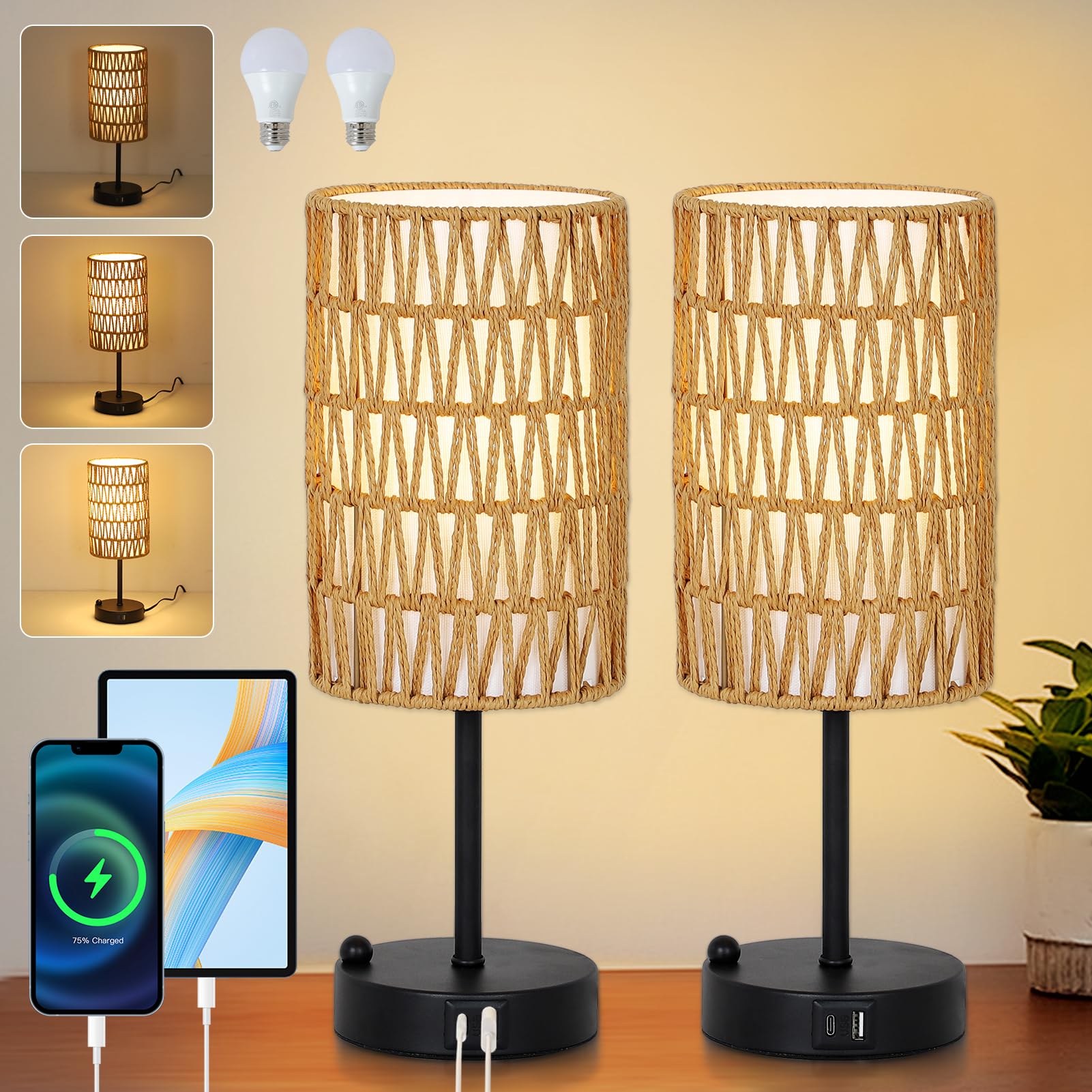 Touch Table Lamp Set of 2 For Bedroom with Bulb, Boho Small Desk Lamp For Living Room With Rattan & Linen Shade, 3 Way Dimmable 