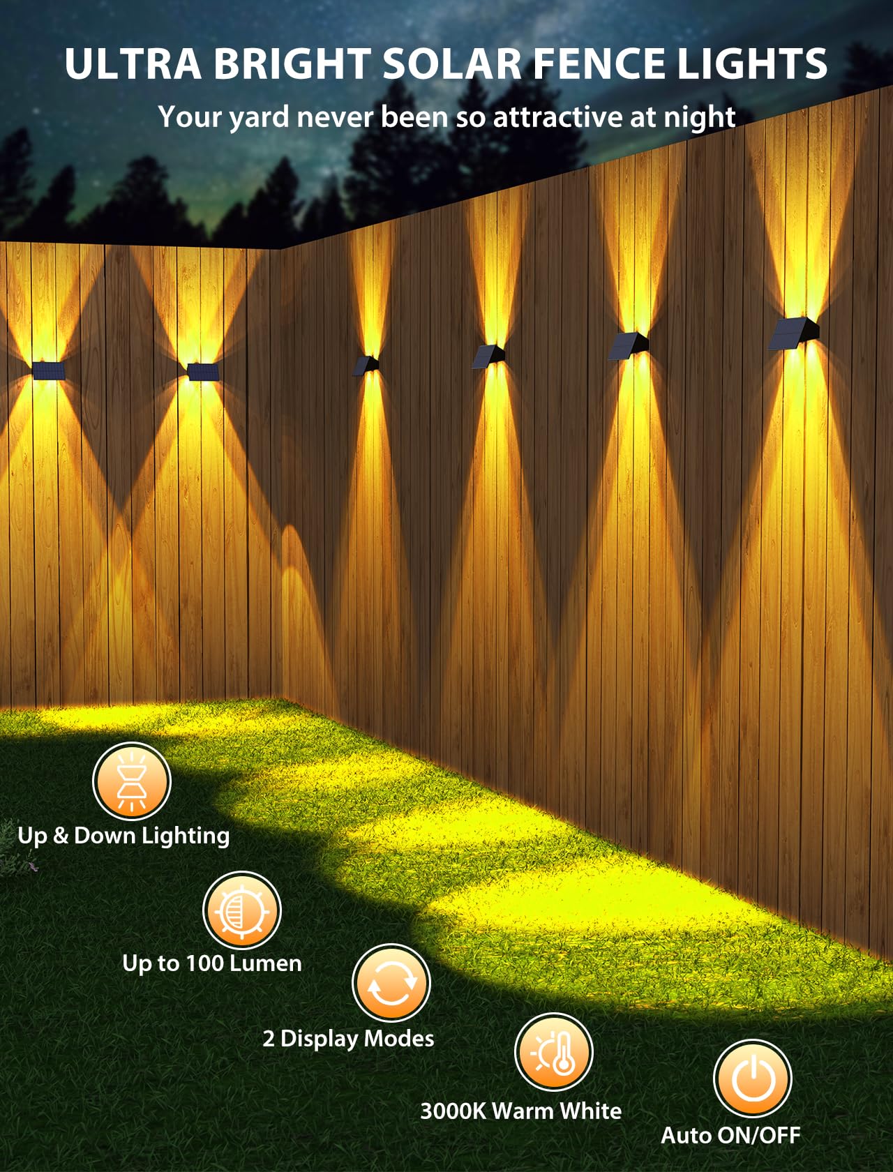 Solar Fence Lights,6Pack Solar Lights Outdoor Warm White Up & Down Solar Wall Lights Waterproof 100 Lumens Dusk To Dawn Solar Po