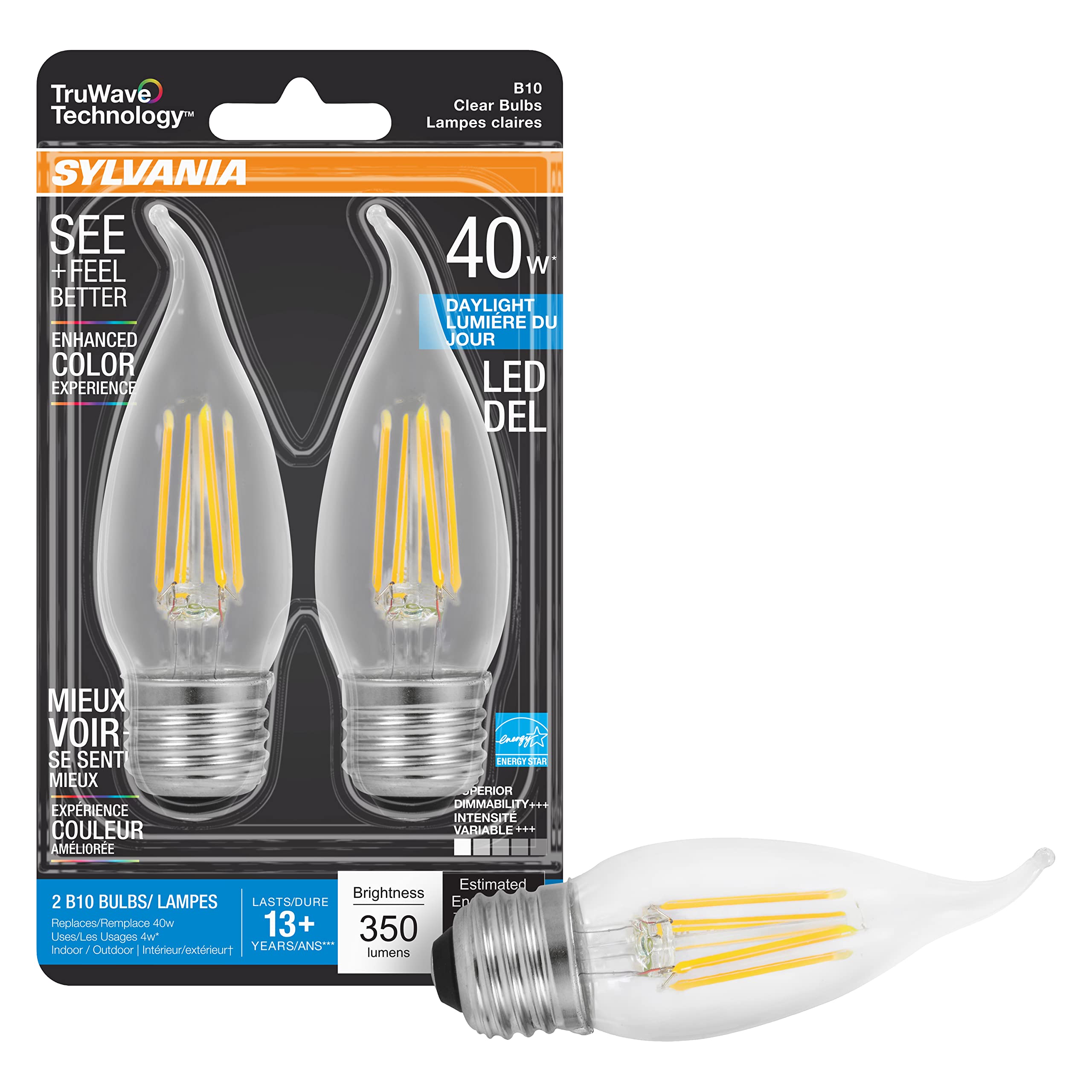 Sylvania Led Truwave Natural Series Candelabra Light Bulb, 40W B10 Daylight Medium Base, Dimmable, Clear, Candle Tip - 2 Pack