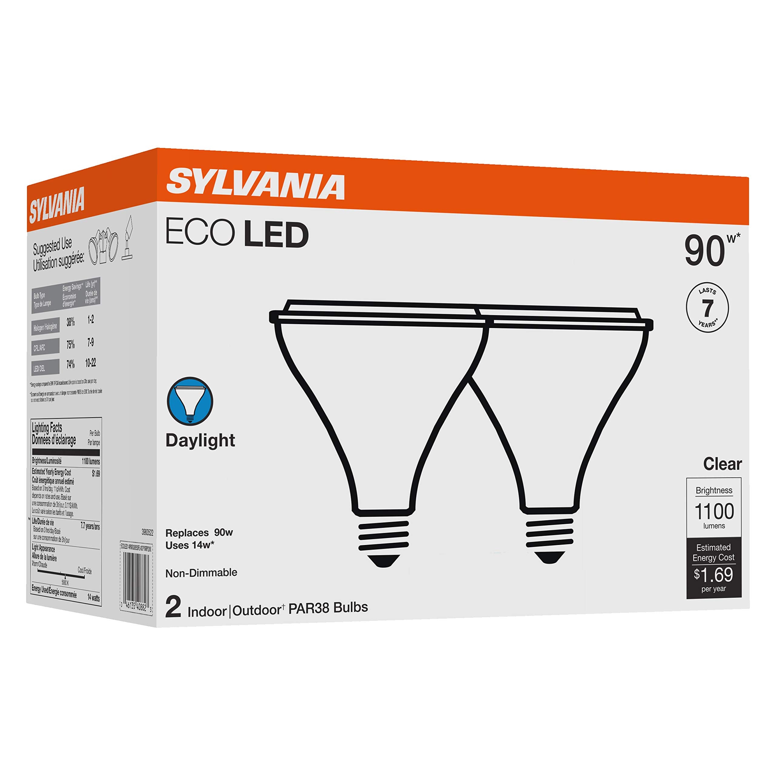 Sylvania Eco Led Par38 Light Bulb, 90W = 14W, 7 Year, Non-Dimmable, 1100 Lumens, Clear, 5000K, Daylight - 2 Pack (40882)