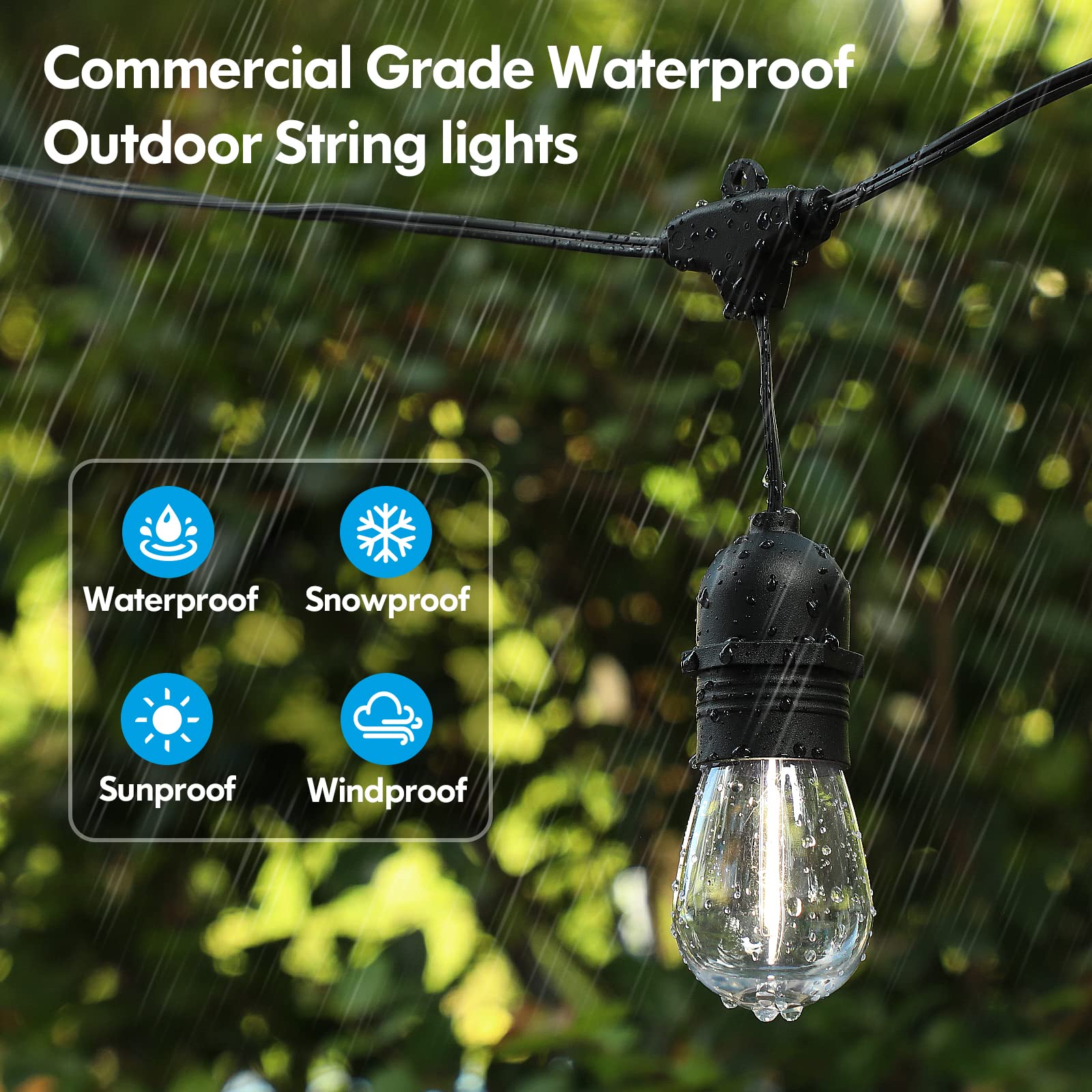 Lakumu 2-Pack Outdoor String Lights, Waterproof Dimmable 5000K Daylight White E12 Filament S14 LED Bulbs, Black
