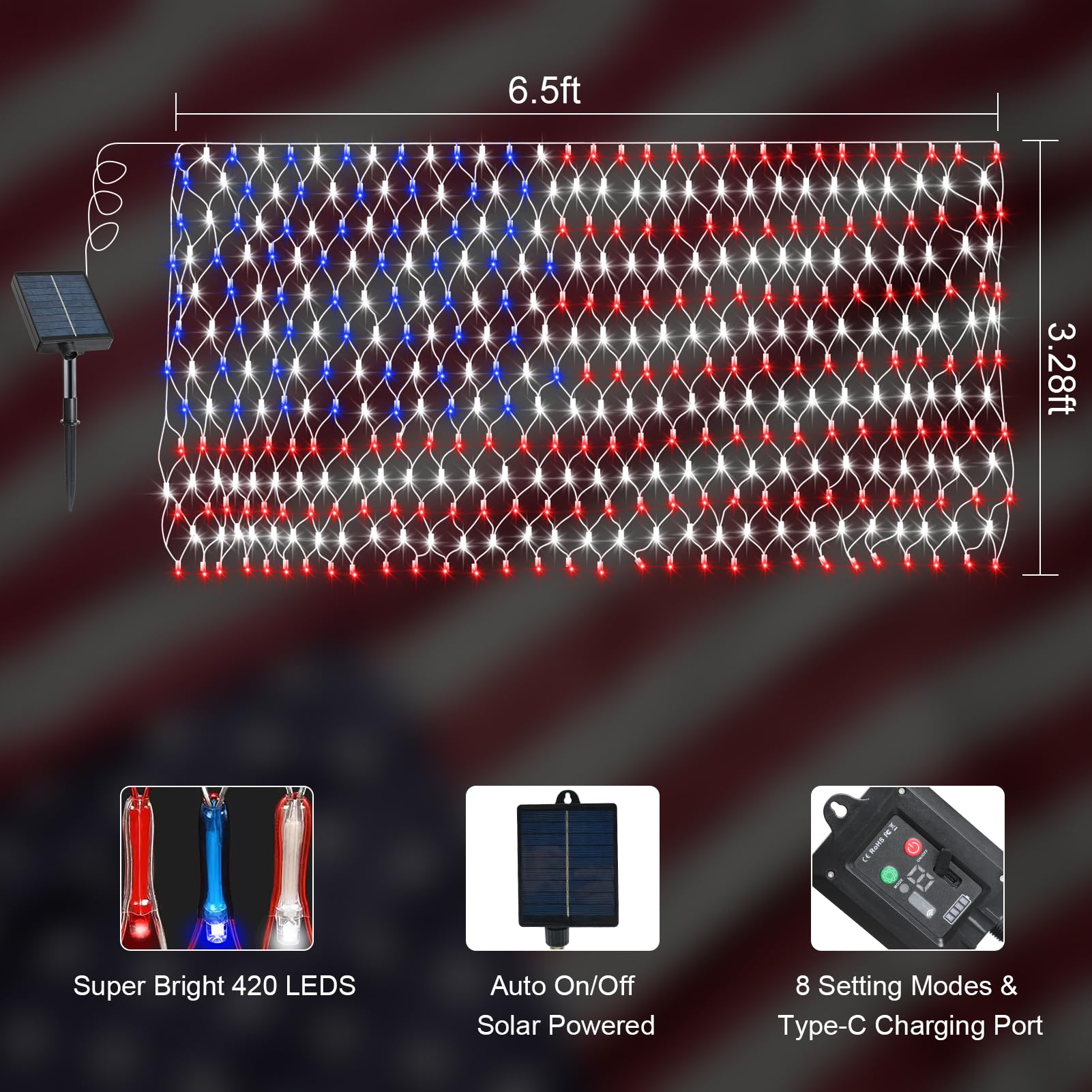 DBFAIRY Solar American Flag Lights, 420 LEDs, 6.5ft x 3.28ft, Super Bright Memorial Day Decorations